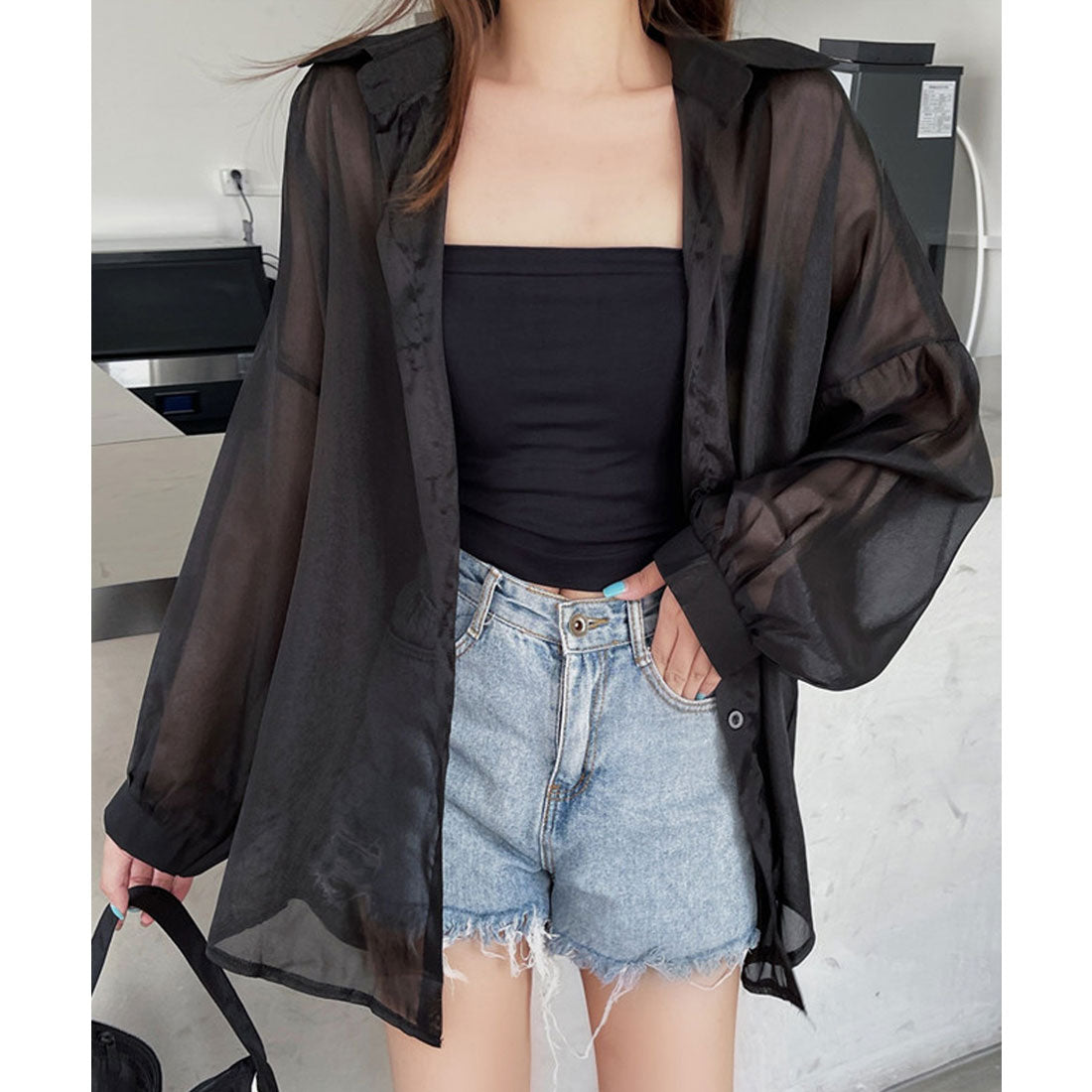 ガーリードール Girly Doll シャイニーシアーシャツ【韓国ファッション】,ブラック