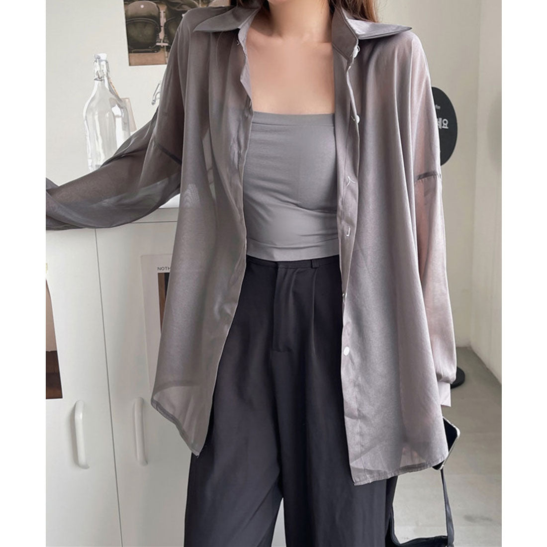 ガーリードール Girly Doll シャイニーシアーシャツ【韓国ファッション】 (グレー) グレー