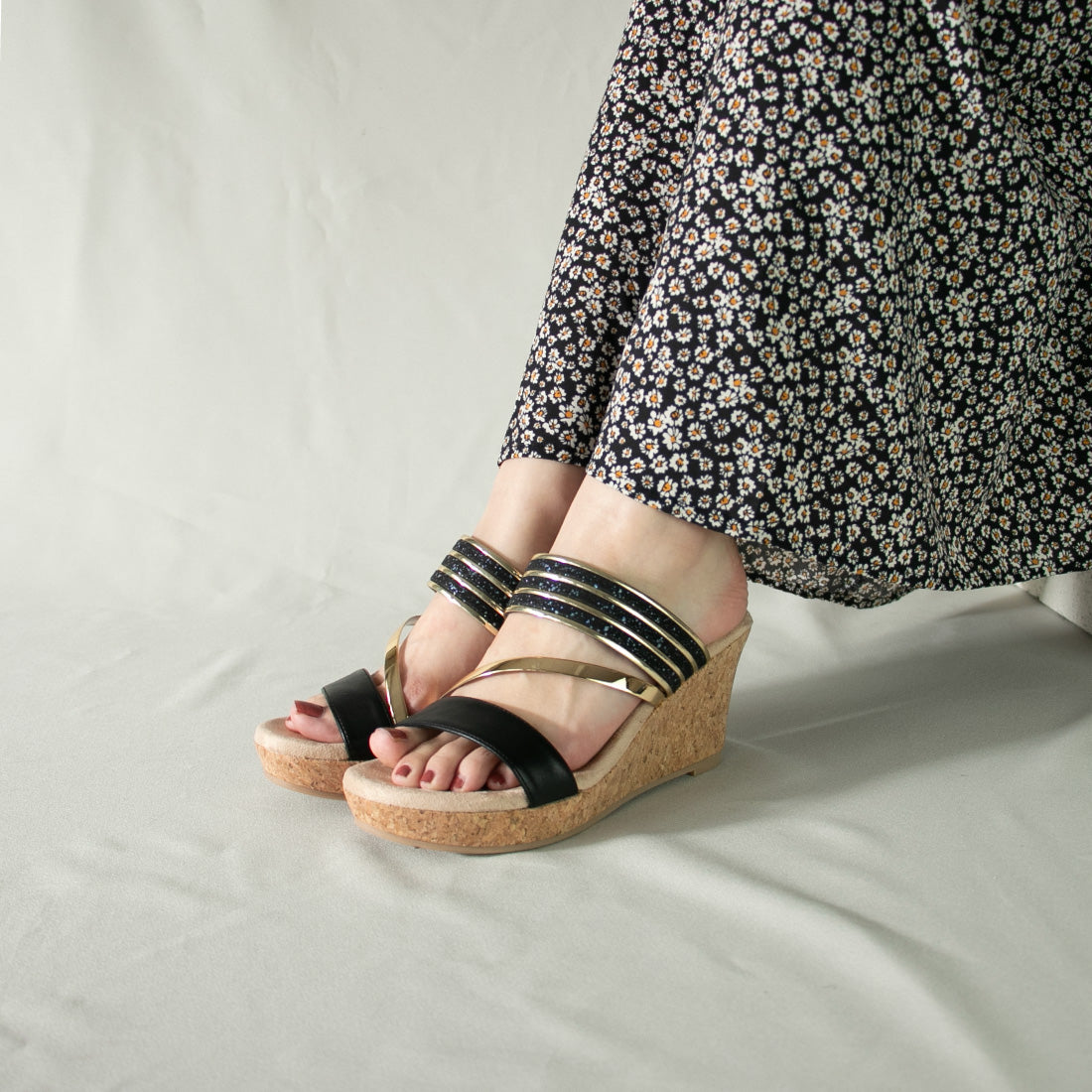 ギャラリー gallery レディース サンダル ダブルベル ウェッジソール 厚底 ミュール 8cmヒール 歩きやすい Mong Mong (ブラック) ブラック