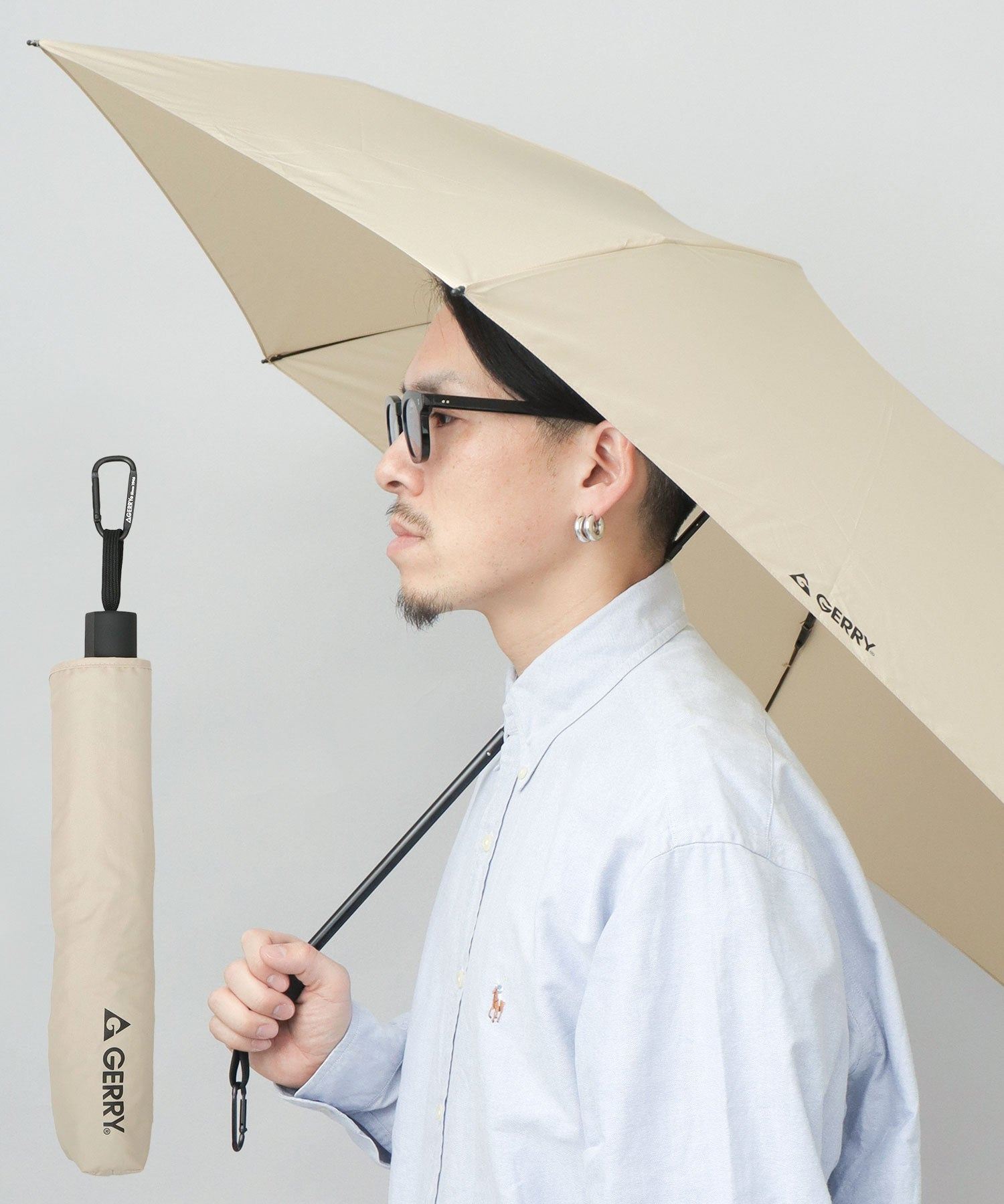 ジェリー GERRY 超撥水 軽量・スリム スマート メンズ折傘 大きめサイズ 58cm カラビナ付き (ベージュ) ベージュ