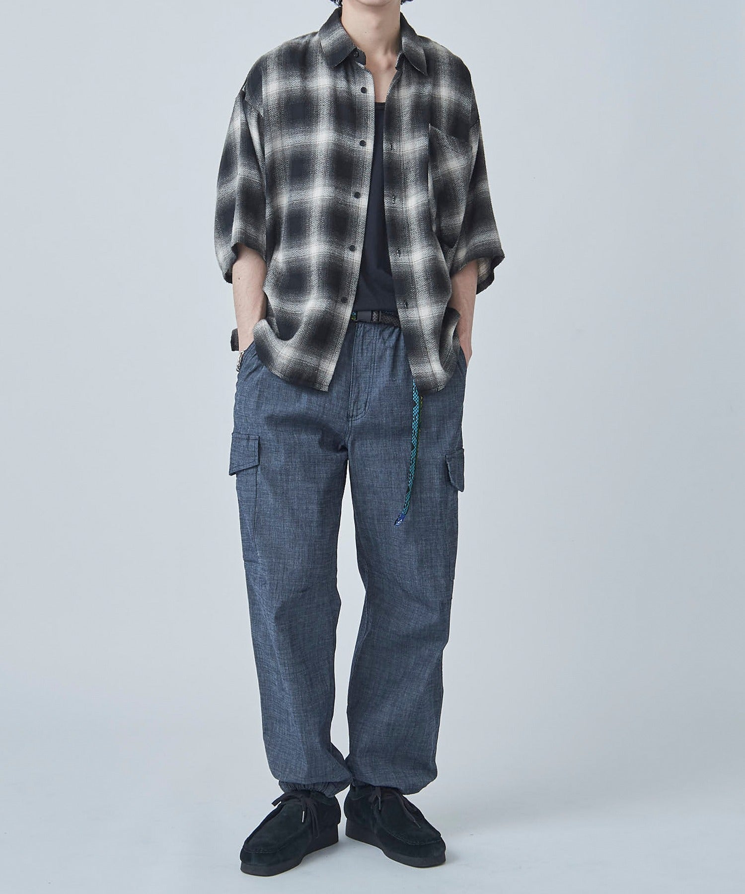 ジェリー GERRY シャンブレー・ポプリン ストレッチワイドカーゴパンツ 079230 (サックスブルー) サックスブルー