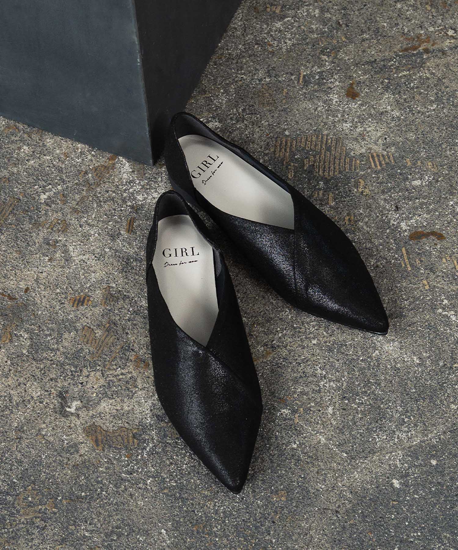 ガール GIRL フェイクレザー Vカット フラットパンプス 結婚式 ヒール オフィス 歩きやすい シューズ (ブラック) ブラック