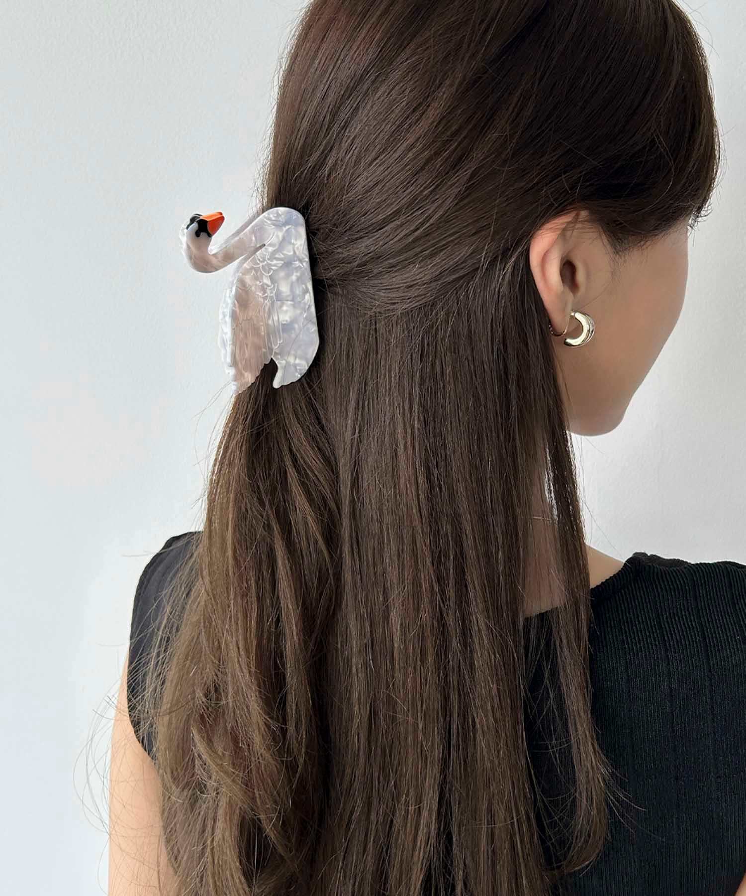 ガール GIRL アニマルモチーフ 楽器モチーフ バレッタ ヘアクリップ 大きめ ハーフアップ ヘアアクセサリー バンスクリップ (C:白鳥) C:白鳥