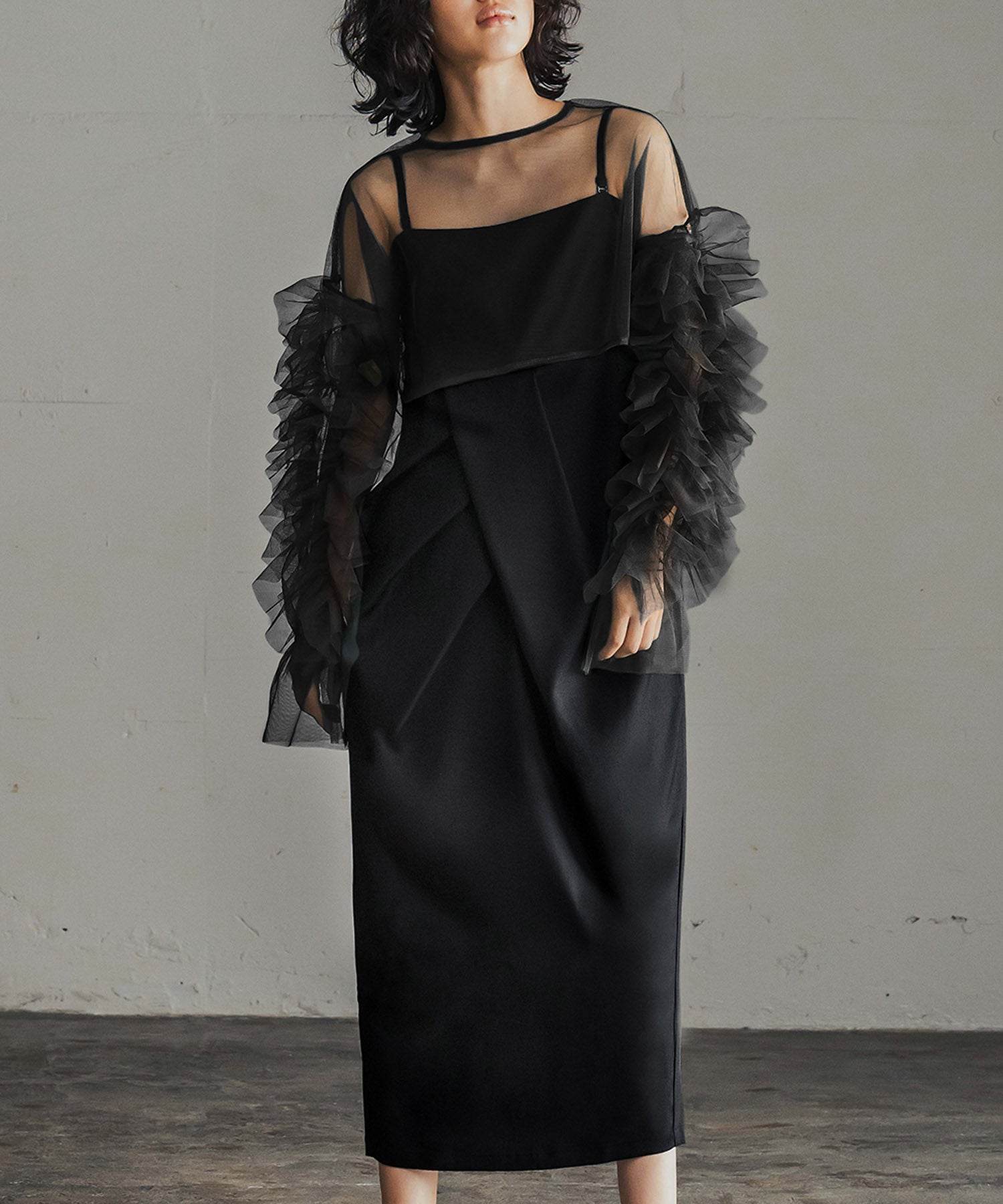 Girl GIRL 【2WAY Enjoyable Versatile】 Tulle Frill Bolero Linen Touch Tuck Camisole Dress Set Long Wedding Dress Party Dress Occasion Dress Invitation