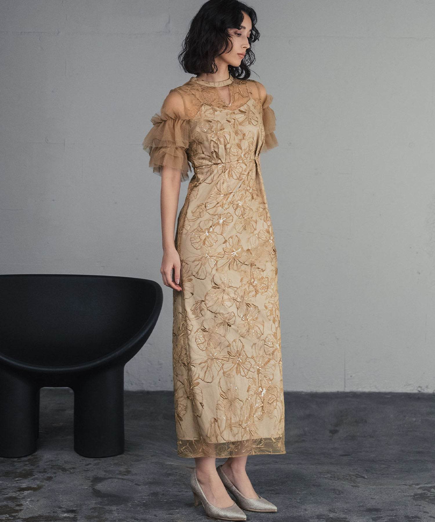 ガール GIRL キーネック スパンコール刺繍 チュール エンブロイダリードレス 結婚式 ワンピース パーティードレス オケージョンドレス お呼ばれ 二次会 成人式 同窓会 (イエロー) イエロー