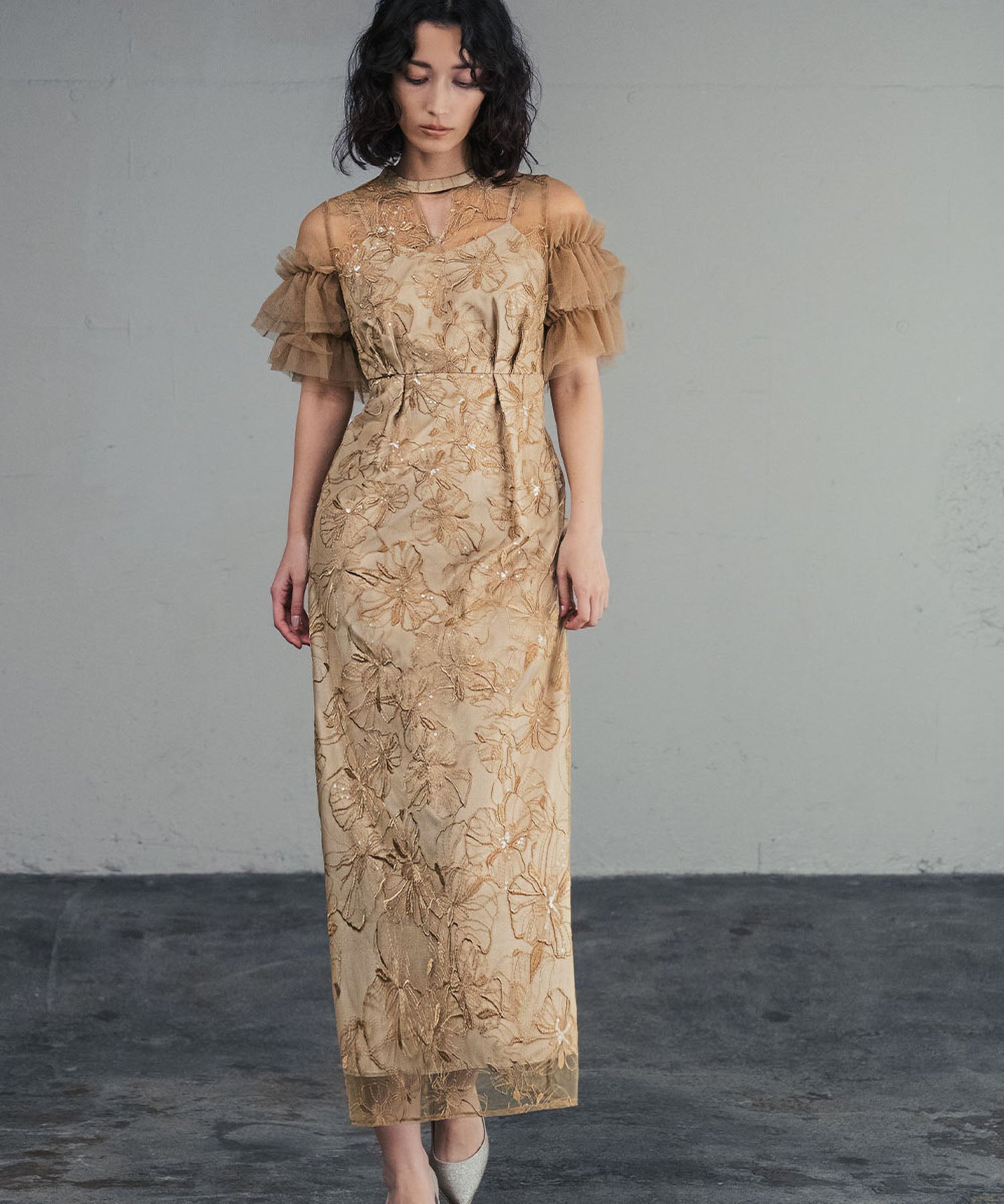 ガール GIRL キーネック スパンコール刺繍 チュール エンブロイダリードレス 結婚式 ワンピース パーティードレス オケージョンドレス お呼ばれ 二次会 成人式 同窓会 (イエロー) イエロー