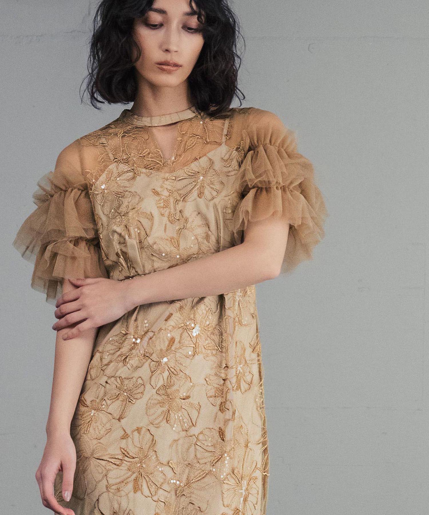 ガール GIRL キーネック スパンコール刺繍 チュール エンブロイダリードレス 結婚式 ワンピース パーティードレス オケージョンドレス お呼ばれ 二次会 成人式 同窓会 (イエロー) イエロー