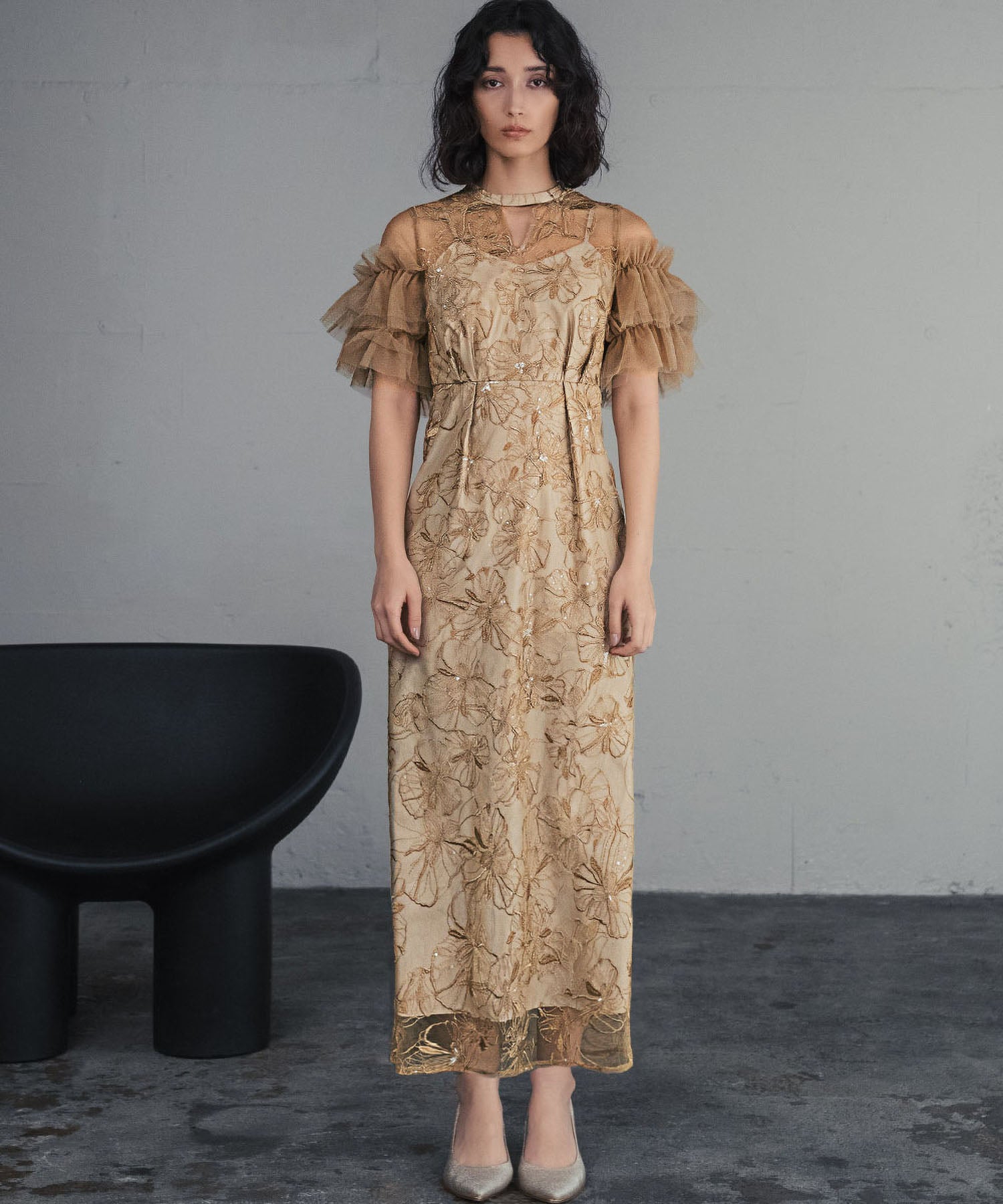 ガール GIRL キーネック スパンコール刺繍 チュール エンブロイダリードレス 結婚式 ワンピース パーティードレス オケージョンドレス お呼ばれ 二次会 成人式 同窓会 (イエロー) イエロー