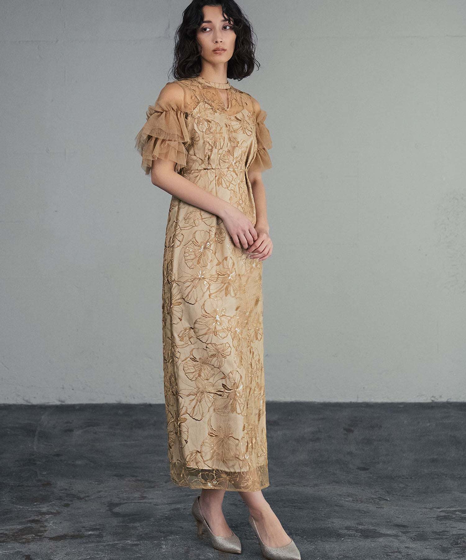 ガール GIRL キーネック スパンコール刺繍 チュール エンブロイダリードレス 結婚式 ワンピース パーティードレス オケージョンドレス お呼ばれ 二次会 成人式 同窓会 (イエロー) イエロー