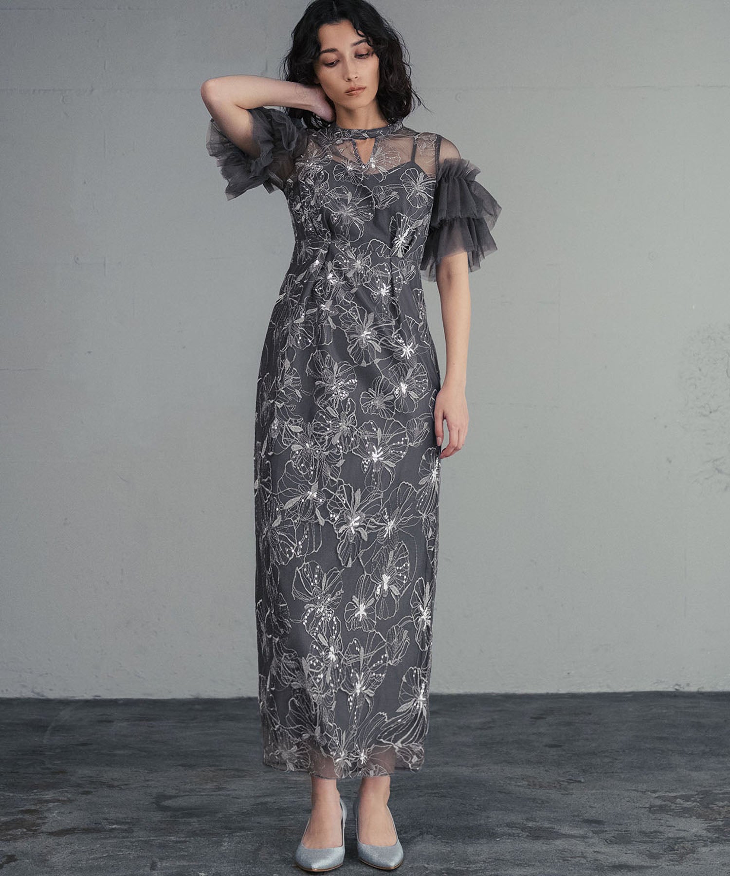 ガール GIRL キーネック スパンコール刺繍 チュール エンブロイダリードレス 結婚式 ワンピース パーティードレス オケージョンドレス お呼ばれ 二次会 成人式 同窓会 (チャコールグレー) チャコールグレー