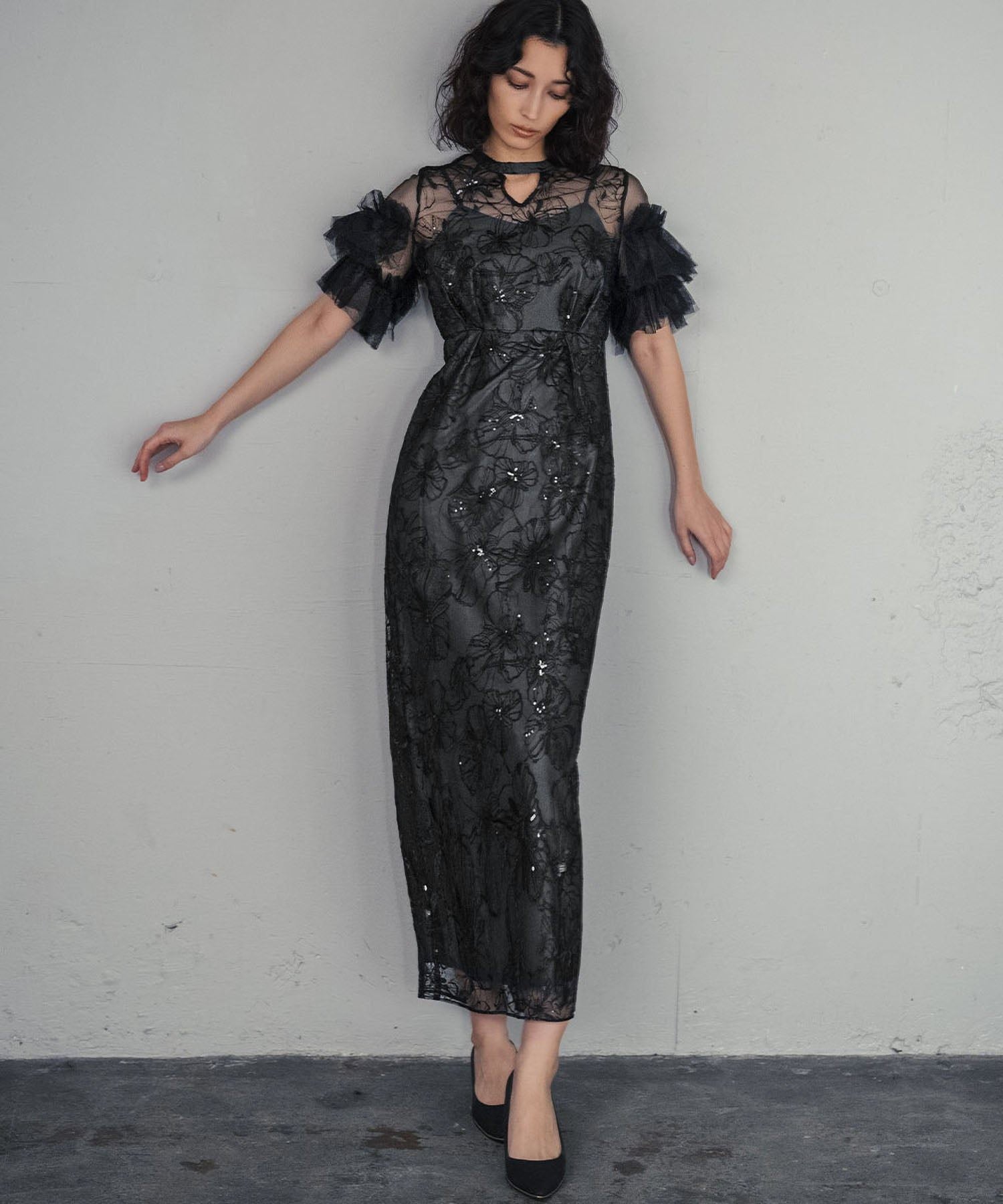 ガール GIRL キーネック スパンコール刺繍 チュール エンブロイダリードレス 結婚式 ワンピース パーティードレス オケージョンドレス お呼ばれ 二次会 成人式 同窓会 (ブラック) ブラック