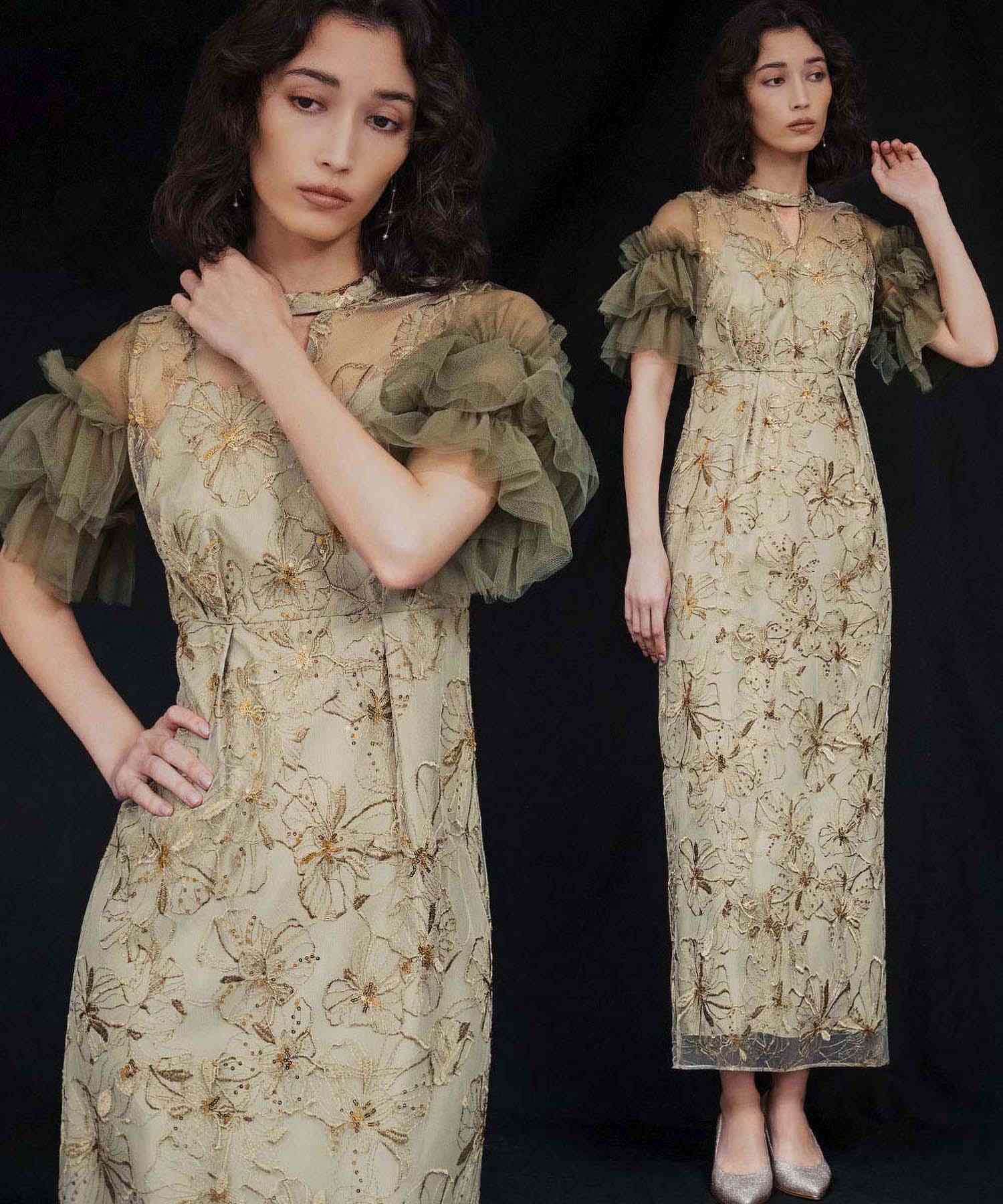 ガール GIRL キーネック スパンコール刺繍 チュール エンブロイダリードレス 結婚式 ワンピース パーティードレス オケージョンドレス お呼ばれ 二次会 成人式 同窓会 (ライトグリーン) ライトグリーン