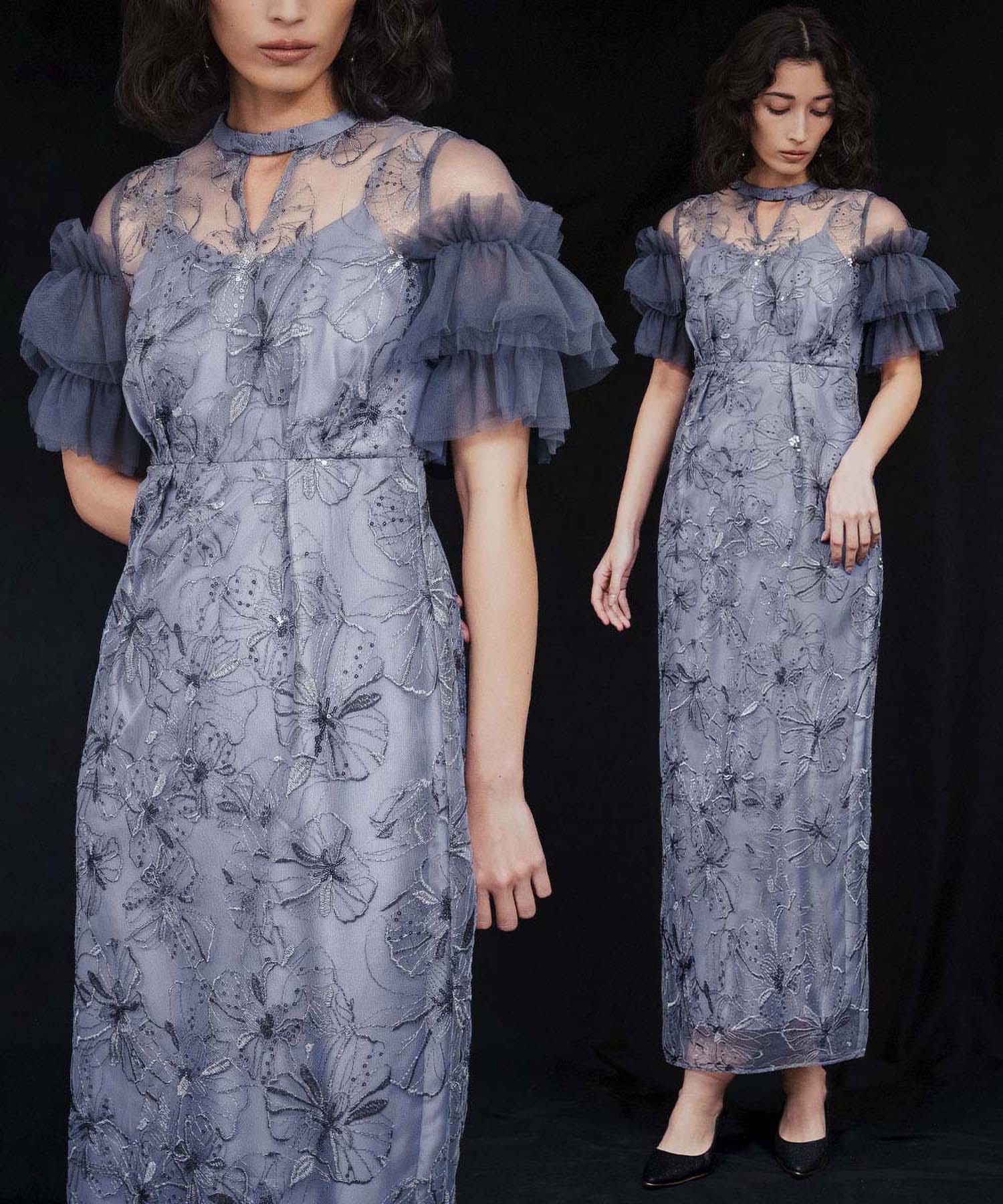 ガール GIRL キーネック スパンコール刺繍 チュール エンブロイダリードレス 結婚式 ワンピース パーティードレス オケージョンドレス お呼ばれ 二次会 成人式 同窓会 (ブルーグレー) ブルーグレー