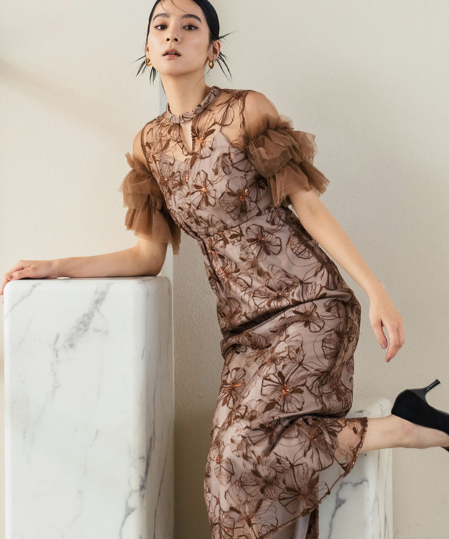 ガール GIRL キーネック スパンコール刺繍 チュール エンブロイダリードレス 結婚式 ワンピース パーティードレス オケージョンドレス お呼ばれ 二次会 成人式 同窓会 (ブラウン) ブラウン