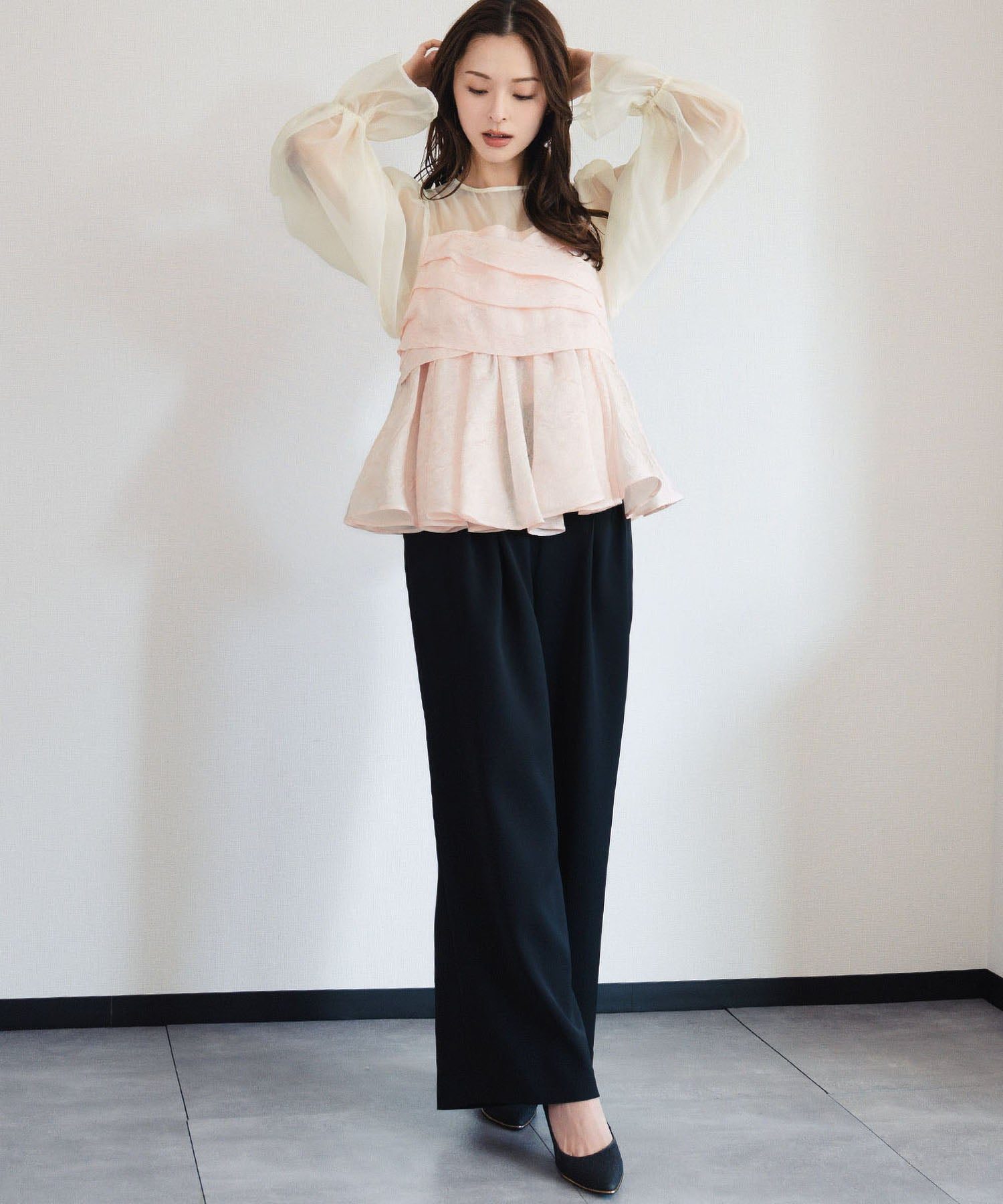 ガール GIRL シアーボリュームスリーブ ペプラム ブラウス ワイドパンツ セットアップ 結婚式 パーティードレス パンツドレス オケージョンドレス お呼ばれ 二次会 成人式 同窓会 (ピンク) ピンク