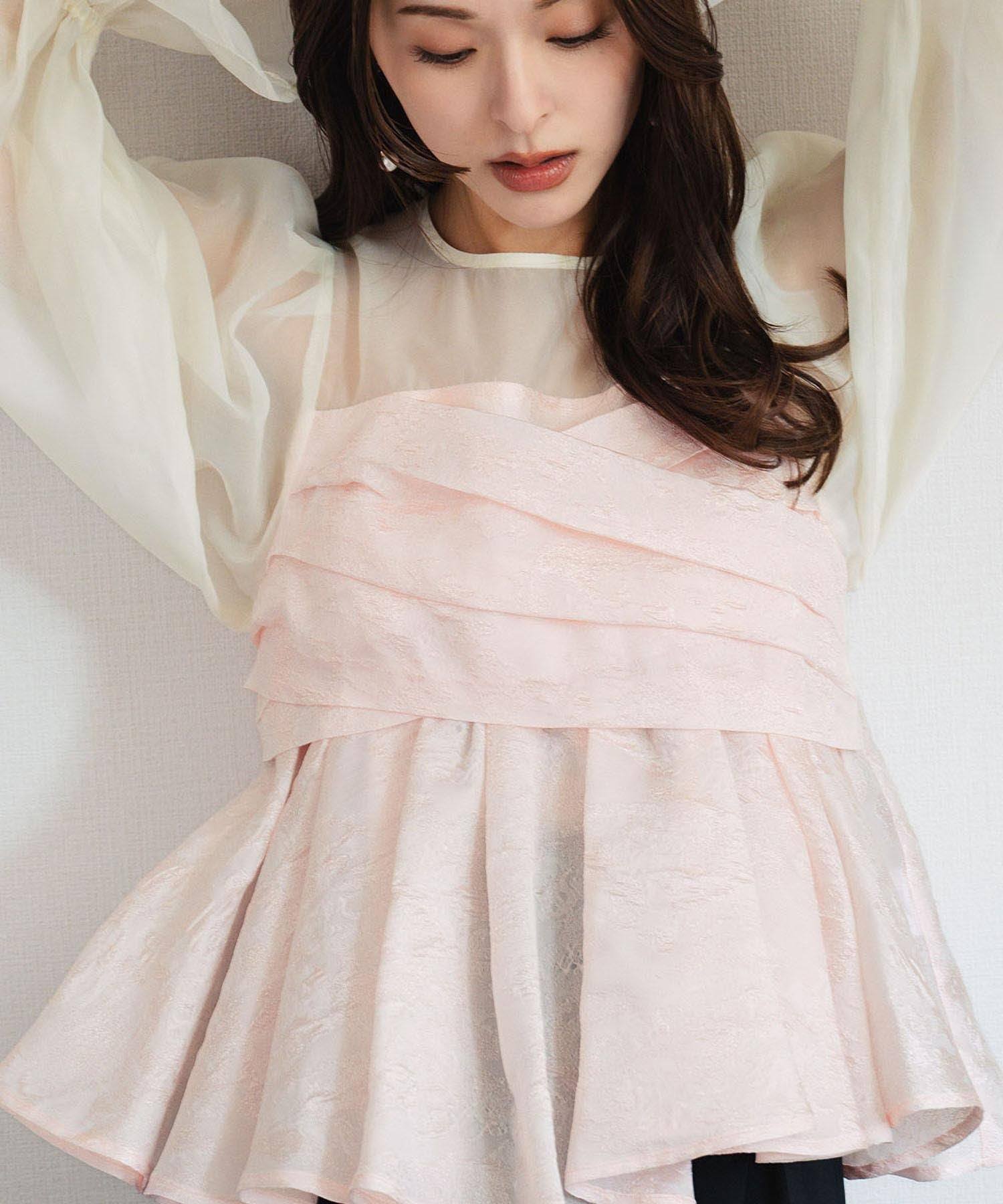 ガール GIRL シアーボリュームスリーブ ペプラム ブラウス ワイドパンツ セットアップ 結婚式 パーティードレス パンツドレス オケージョンドレス お呼ばれ 二次会 成人式 同窓会 (ピンク) ピンク