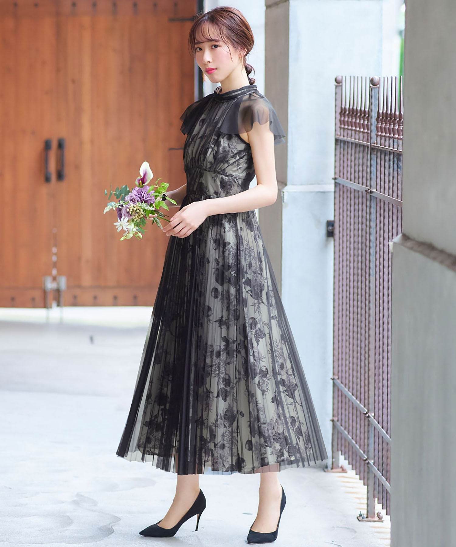 ガール GIRL チュールドッキング花柄プリントフレアロング丈結婚式ワンピースドレス (ブラック) ブラック