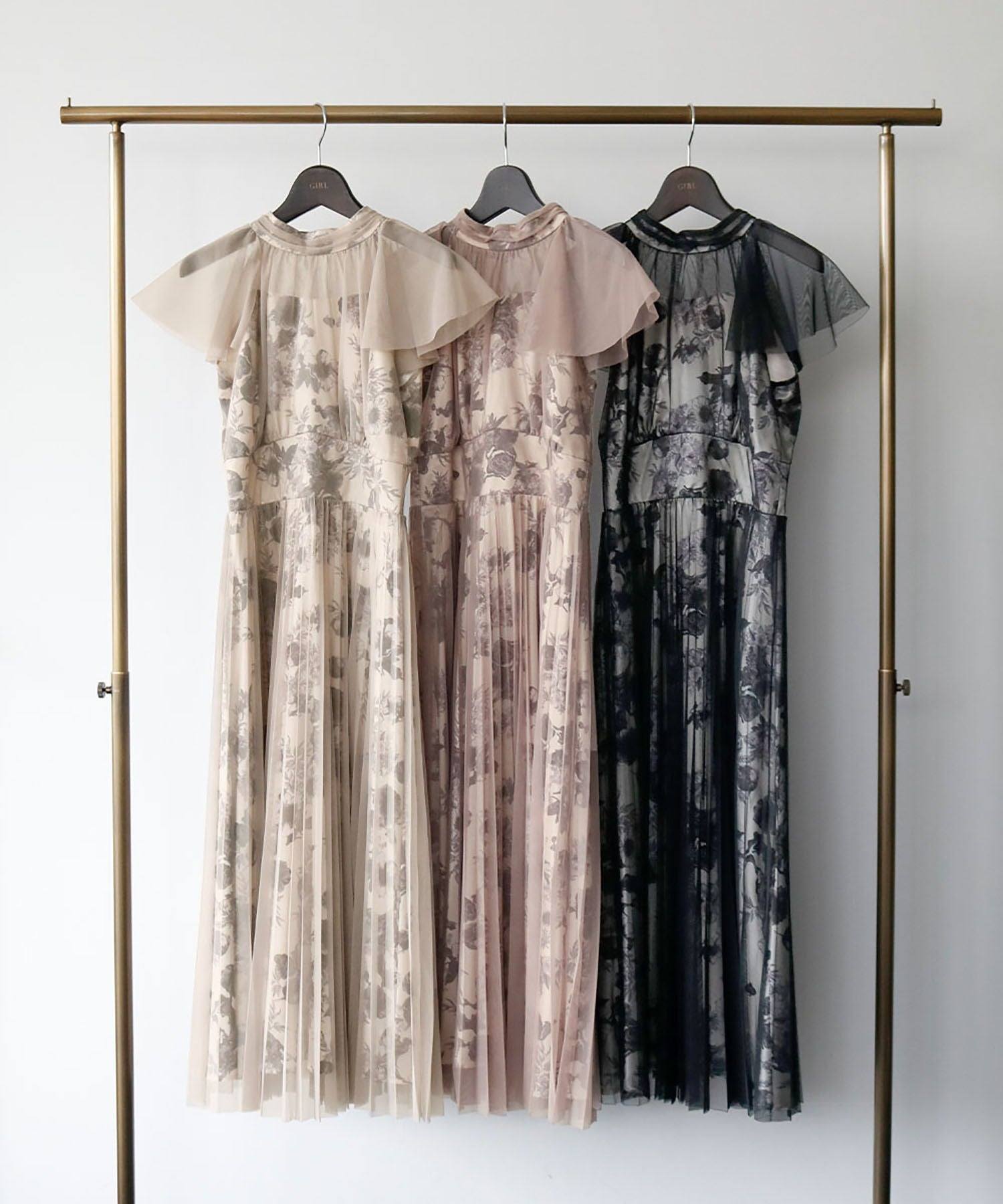 ガール GIRL チュールドッキング花柄プリントフレアロング丈結婚式ワンピースドレス (ブラック) ブラック