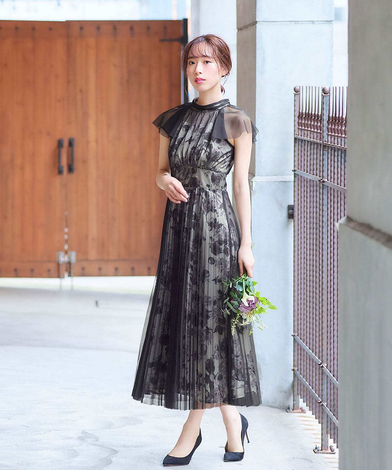 ガール GIRL チュールドッキング花柄プリントフレアロング丈結婚式ワンピースドレス (ブラック) ブラック