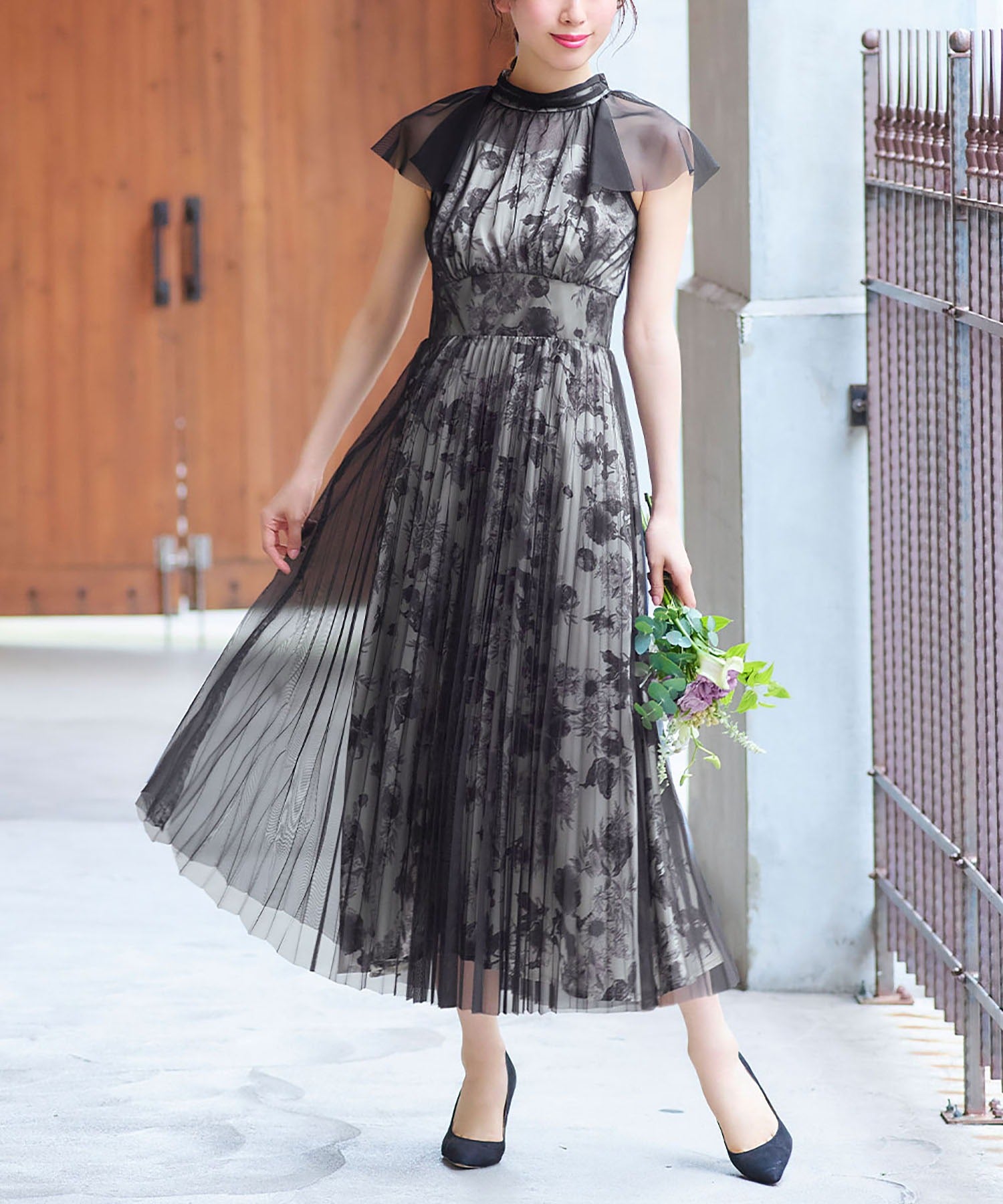 ガール GIRL チュールドッキング花柄プリントフレアロング丈結婚式ワンピースドレス (ブラック) ブラック