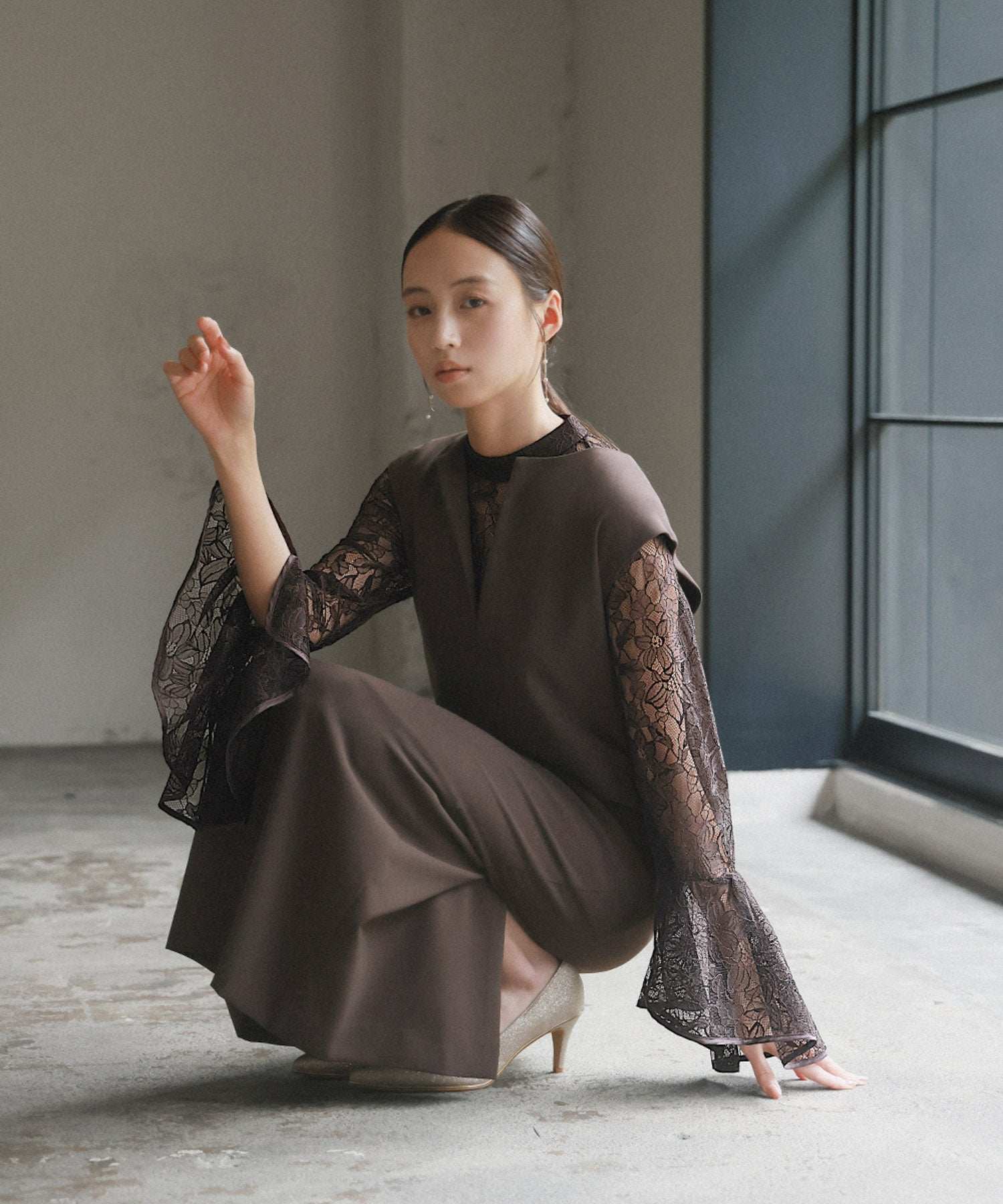 Girl Lace Bell Sleeve Blouse and Jumper Skirt Layered Mermaid Long Wedding Dress Party Dress Occasion Dress Invitation Second Party Coming of Age Ceremony Reunion Maternity Pregnant