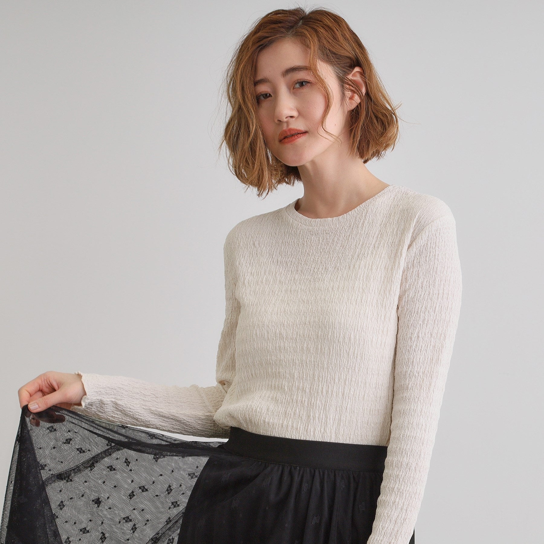 Grove grove shirring-style jacquard crew neck pullover