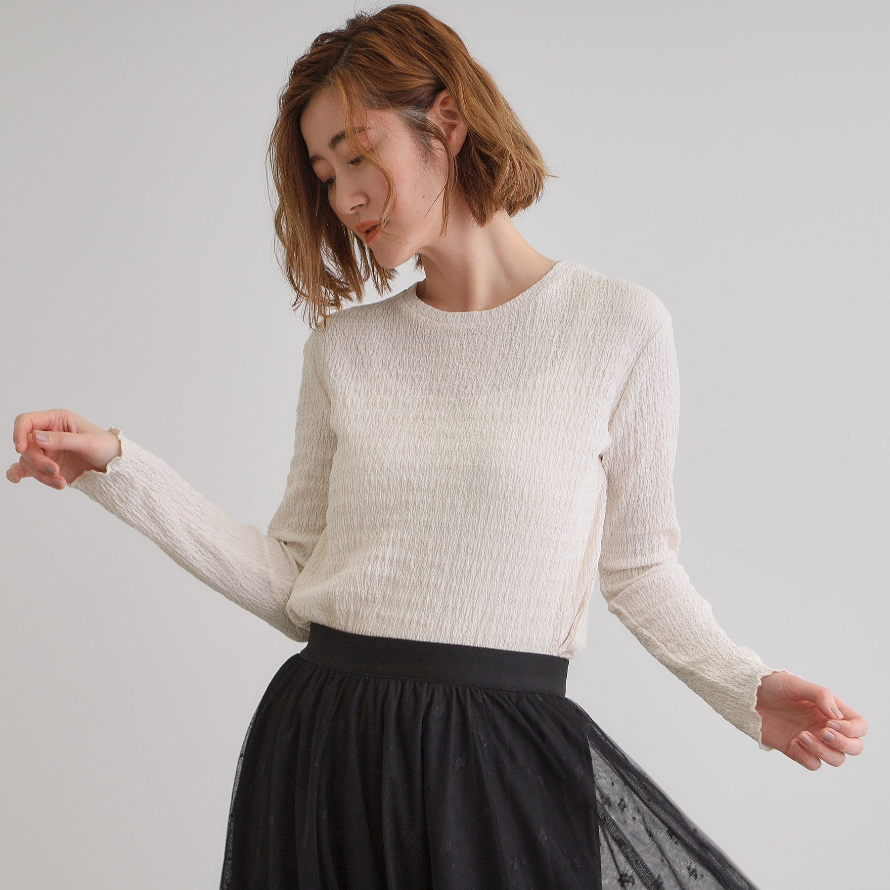 Grove grove shirring-style jacquard crew neck pullover