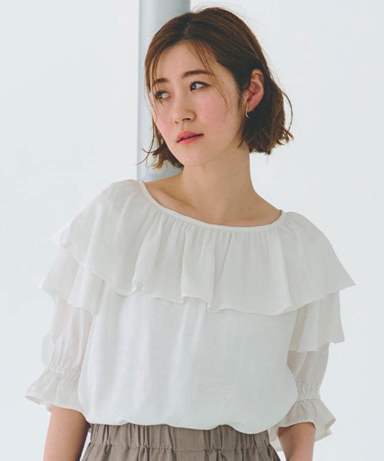 グローブ grove 麻調ダブルフリルブラウス (オフホワイト(003)) オフホワイト(003)