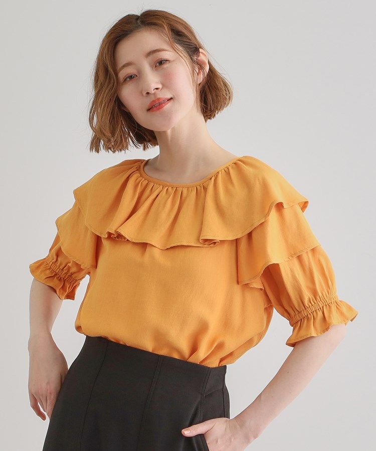 グローブ grove 麻調ダブルフリルブラウス (オレンジ(066)) オレンジ(066)