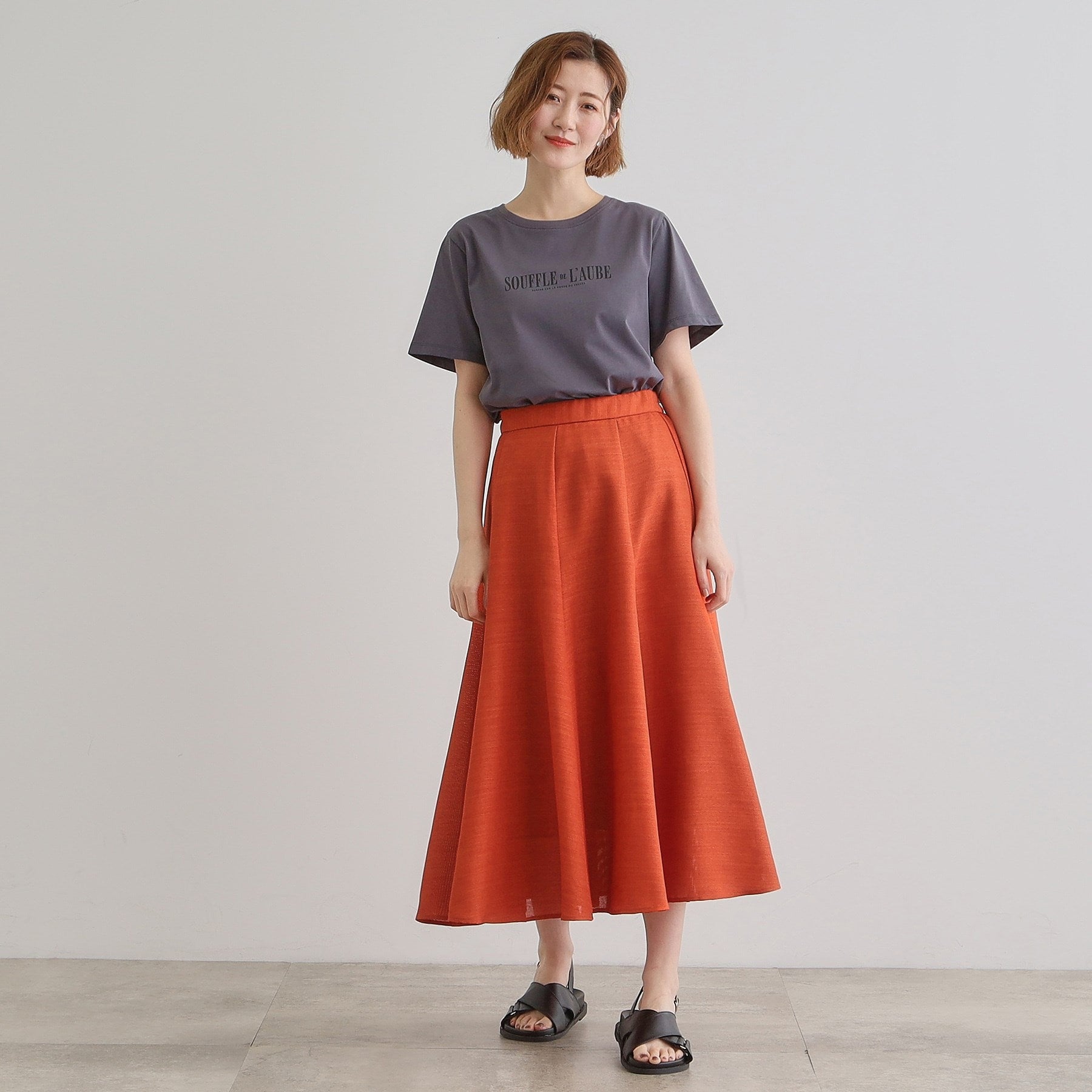 グローブ grove 麻調メッシュフレアスカート (オレンジ(066)) オレンジ(066)