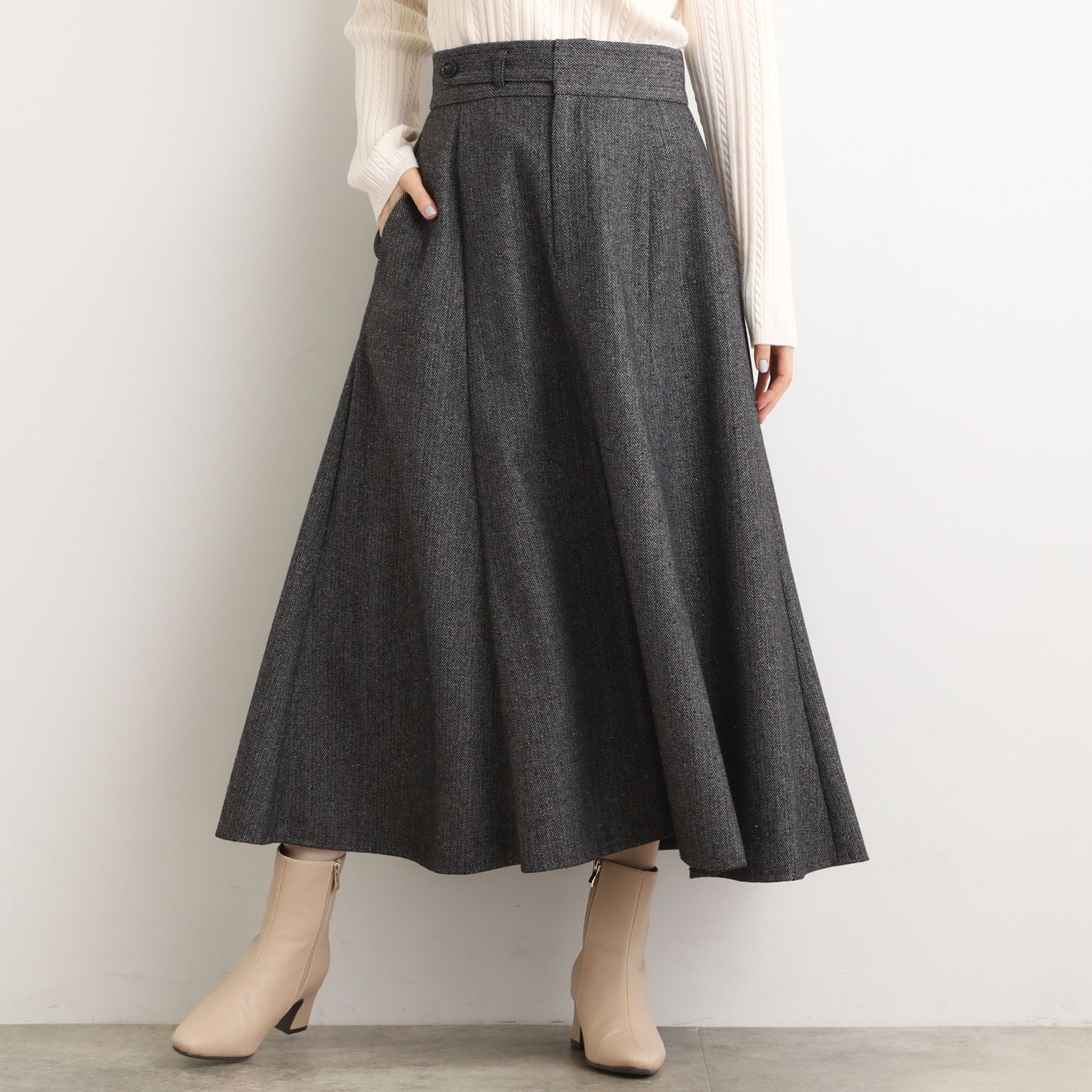 グローブ grove へリンボンツイードフレアマキシスカート (ブラウン(044)) ブラウン(044)