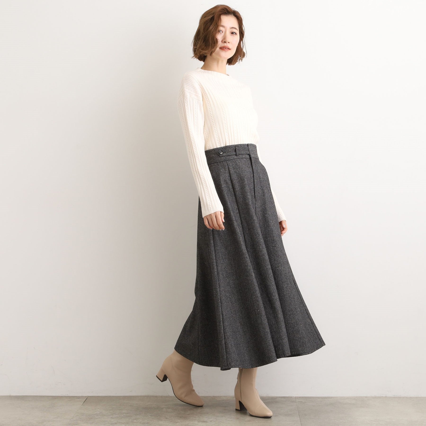 グローブ grove へリンボンツイードフレアマキシスカート (ブラウン(044)) ブラウン(044)