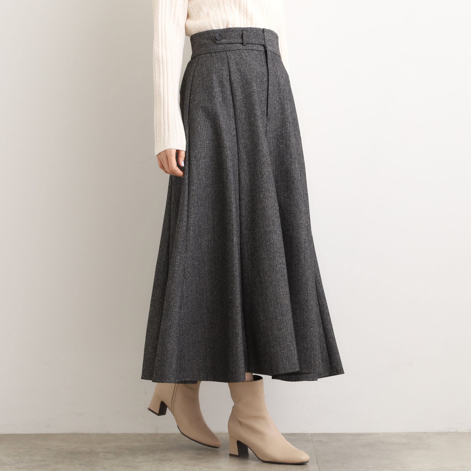 グローブ grove へリンボンツイードフレアマキシスカート (チャコールグレー(014)) チャコールグレー(014)