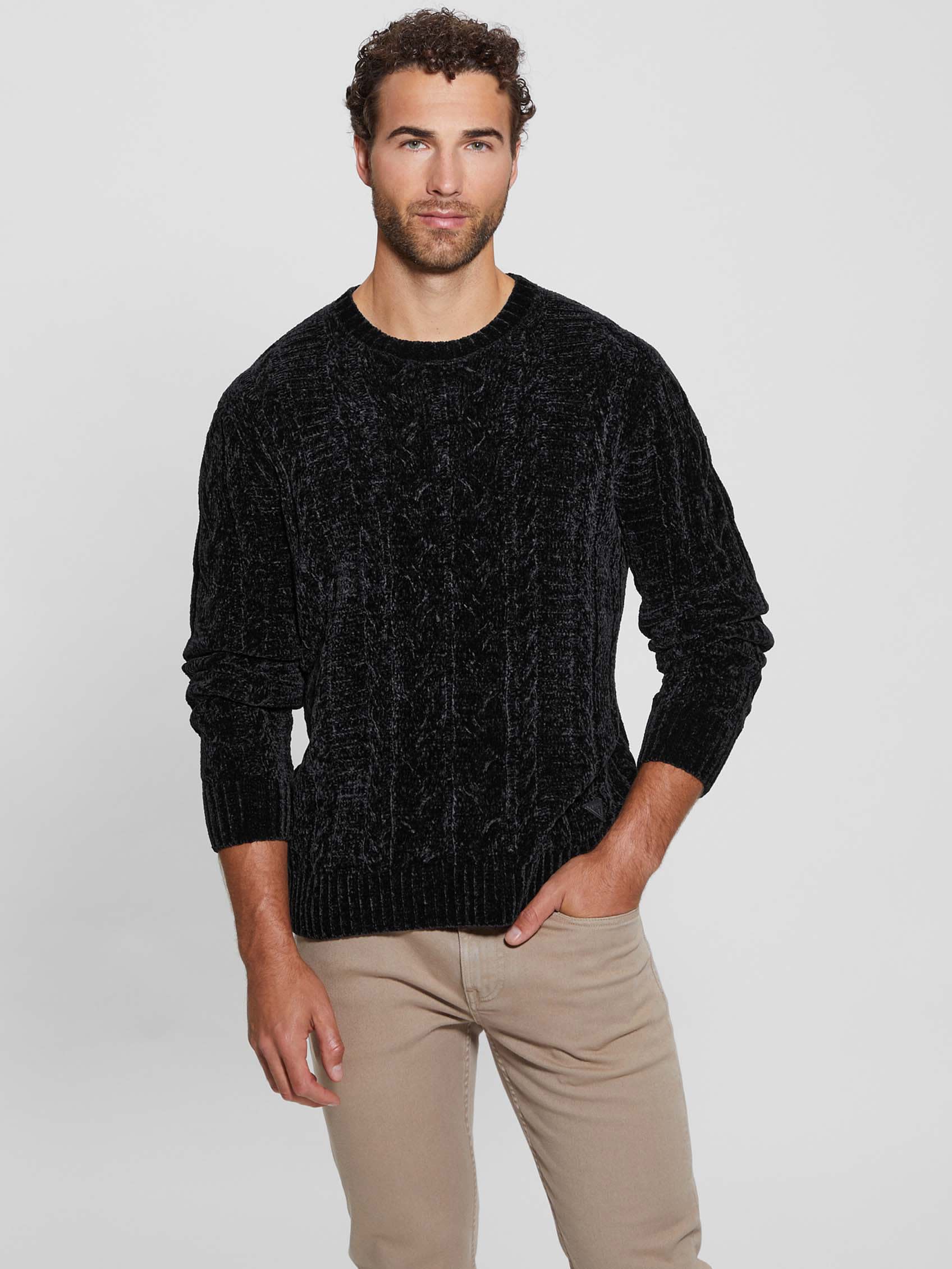 ゲス GUESS EGIDIO Crew Neck Cable Chenille Sweater (JBLK) JBLK