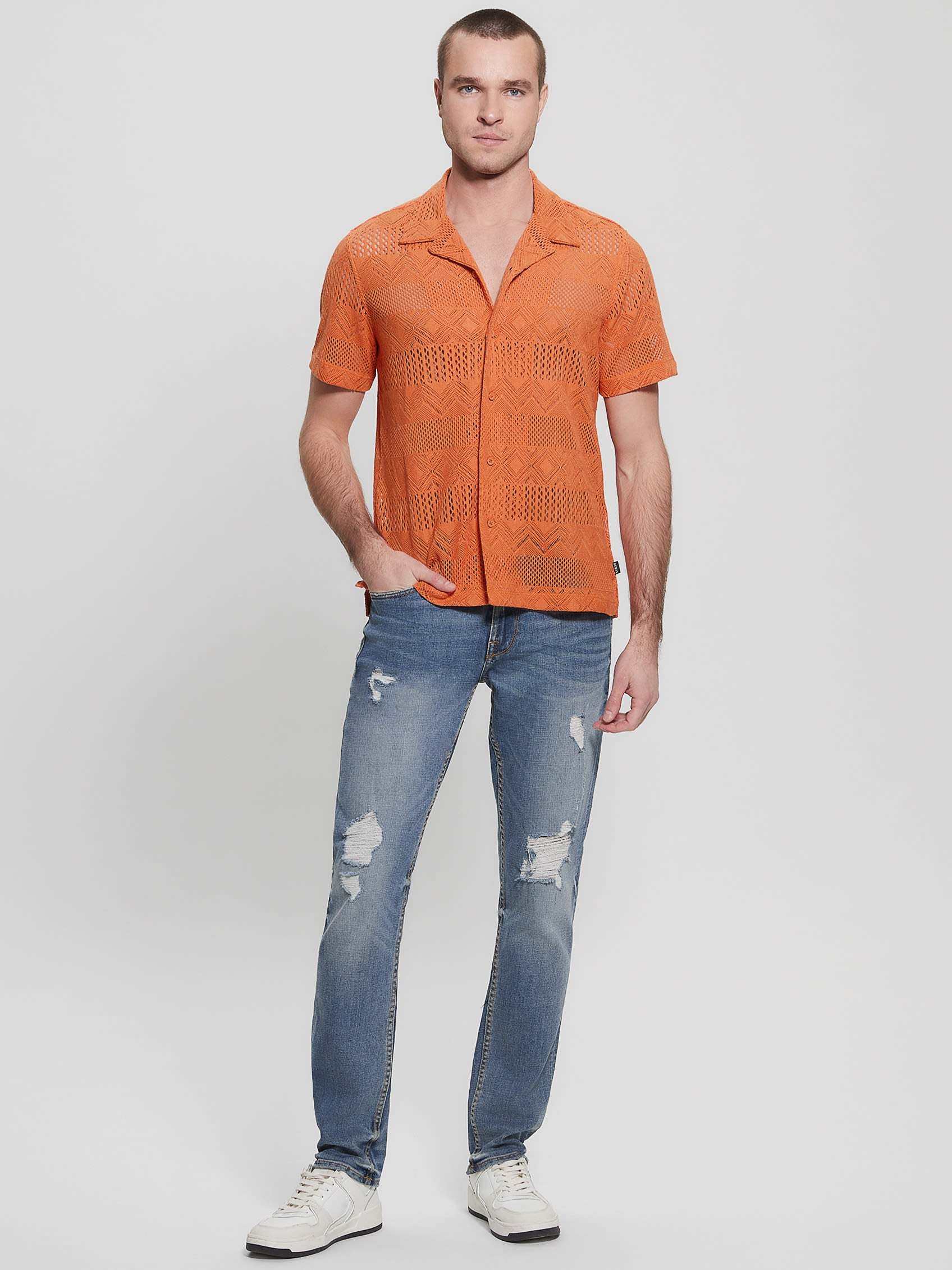 ゲス GUESS Geometric Knit Crochet Shirt (G3J9) 半袖シャツ G3J9