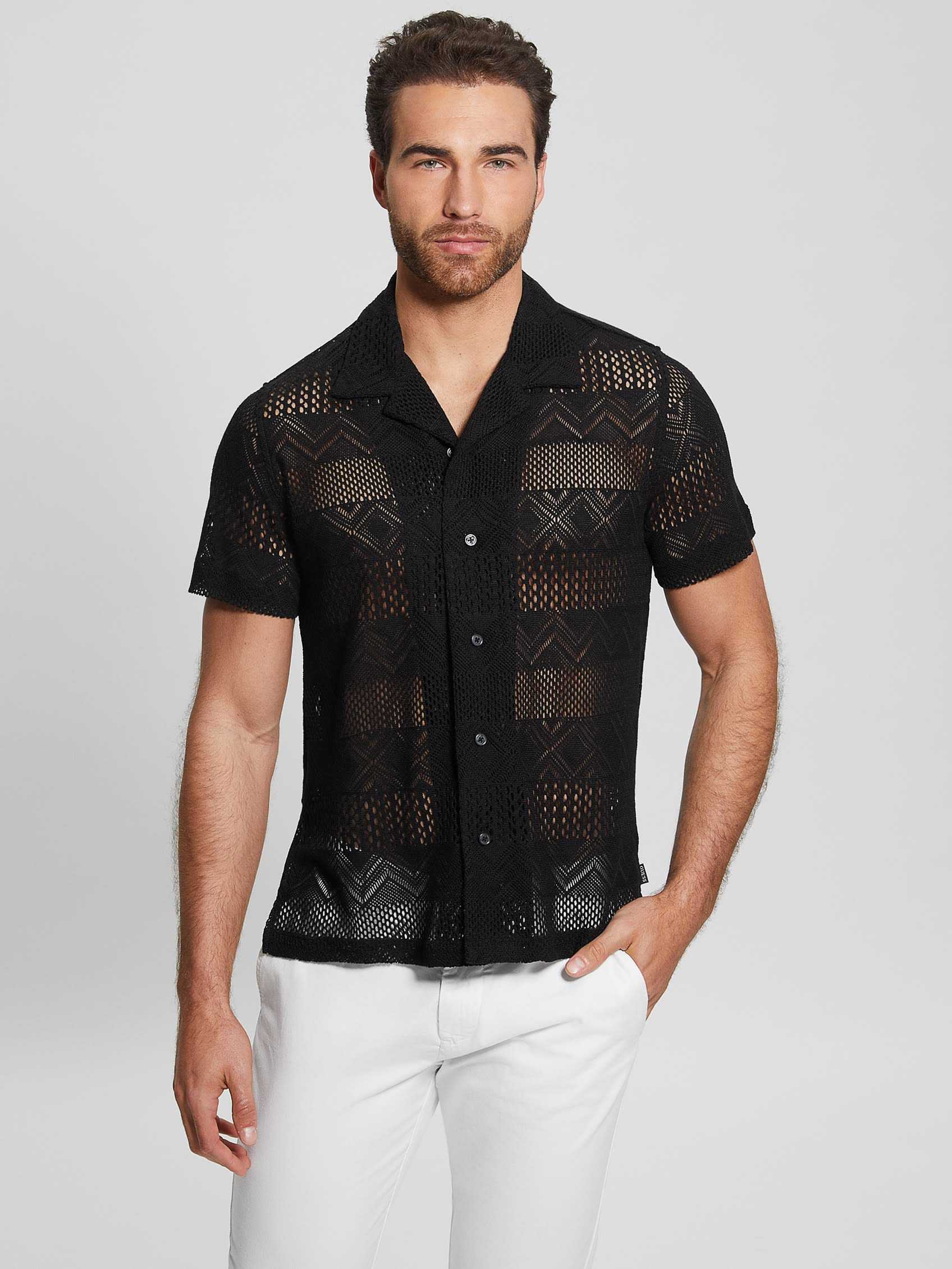 ゲス GUESS Geometric Knit Crochet Shirt (JBLK) 半袖シャツ JBLK