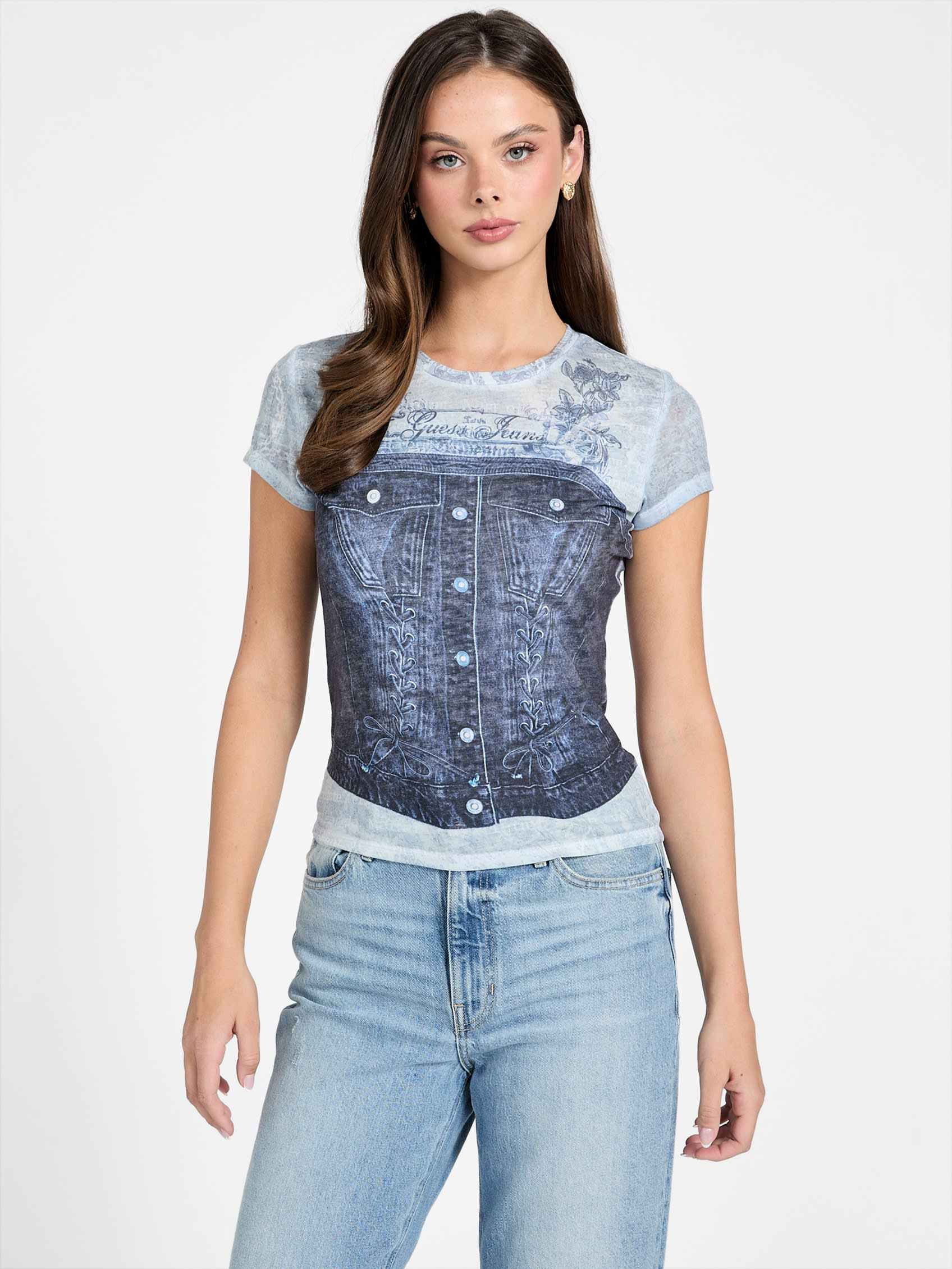 ゲス GUESS Short Sleeves Denim Bustier R5 Sub Tee (FBCJ) FBCJ