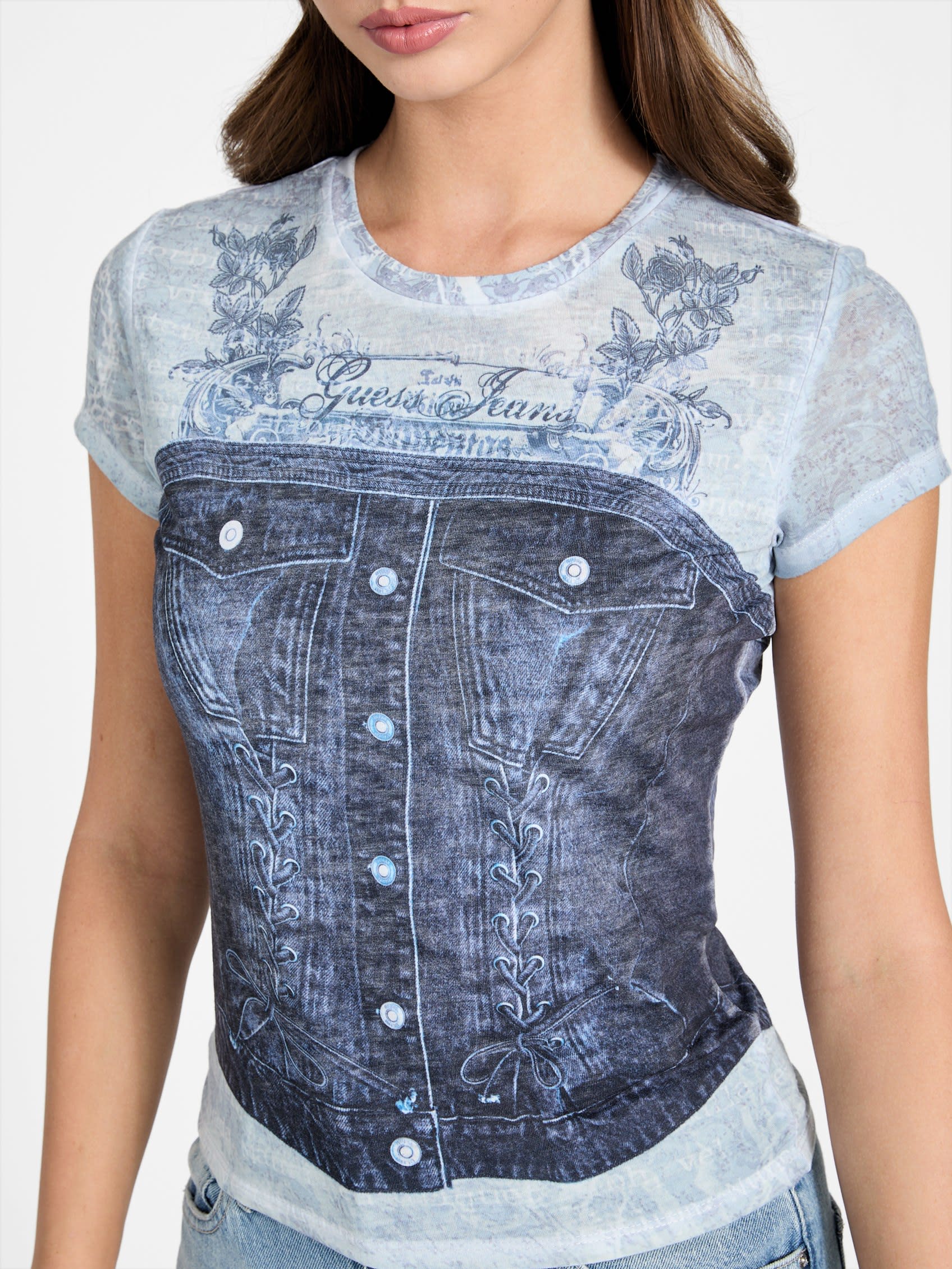 ゲス GUESS Short Sleeves Denim Bustier R5 Sub Tee (FBCJ) FBCJ