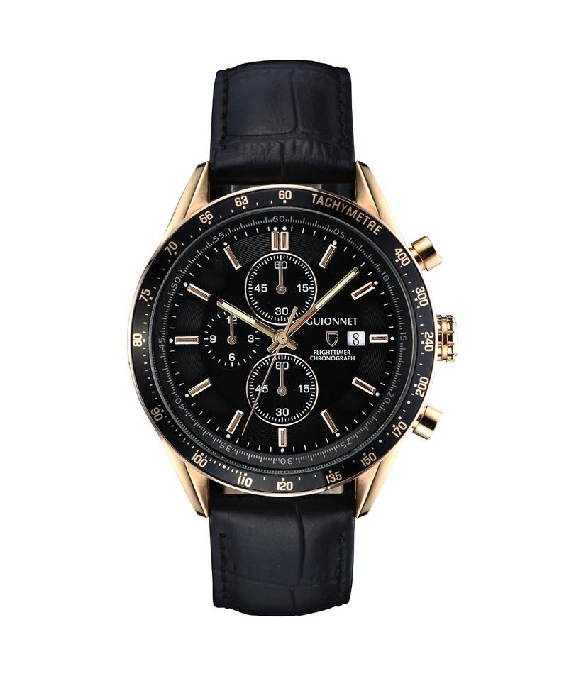 ギオネ GUIONNET GUIONNET 腕時計 FLIGHT TIMER Chronograph ギオネ クロノグラフ フライトタイマー 100m防水 (10.ブラックxピンクゴールド) 10.ブラックxピンクゴールド