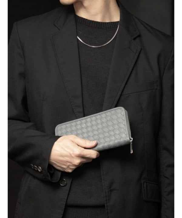 GUIONNET Long Wallet, Saffiano Leather, Large Capacity, Intrecciato, Men's, Women's, Round Zipper