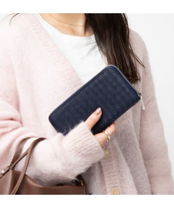 GUIONNET Long Wallet, Saffiano Leather, Large Capacity, Intrecciato, Men's, Women's, Round Zipper