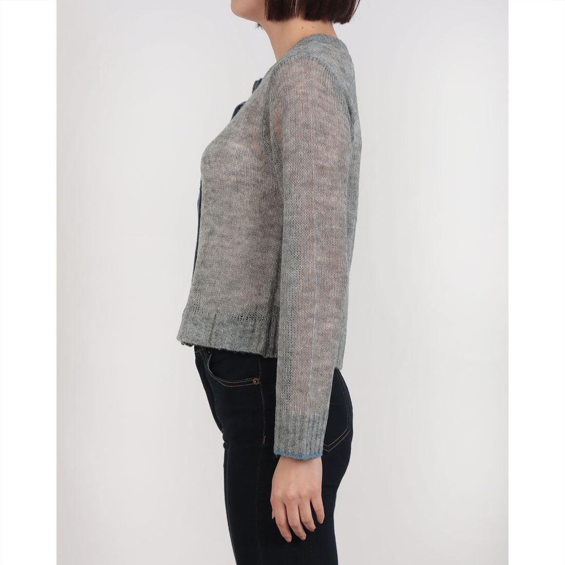 ヒューマンセカンドオケージョン Human 2nd Occasion シアーモヘアニット配色カーディガン (グレー) グレー