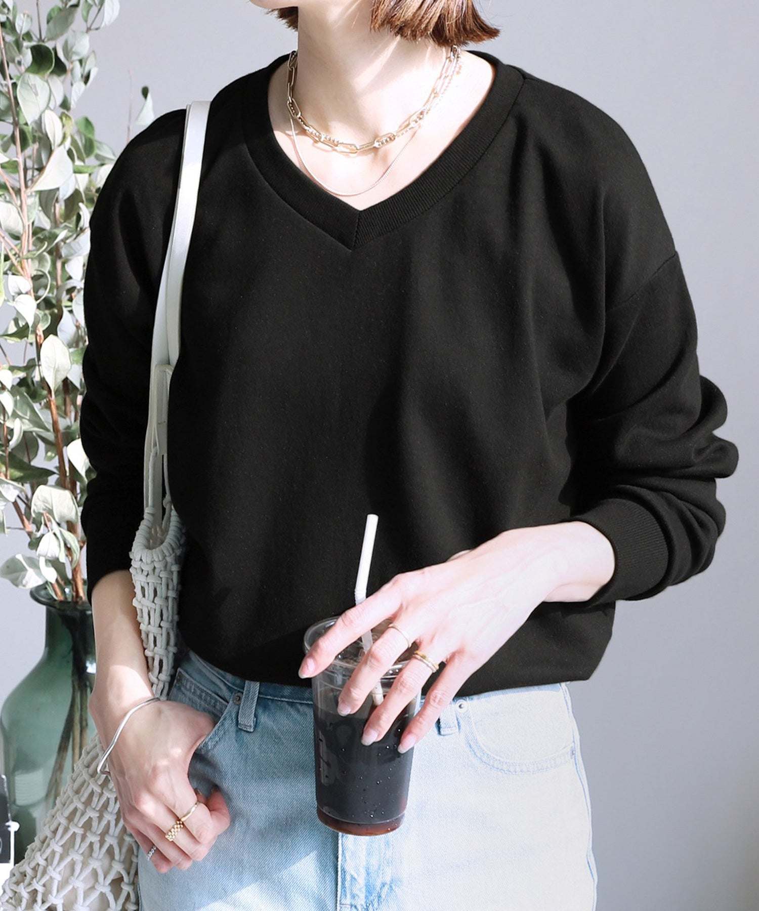 レカ reca U・V選べる2タイプ無地スウェット,Vネック/ブラック