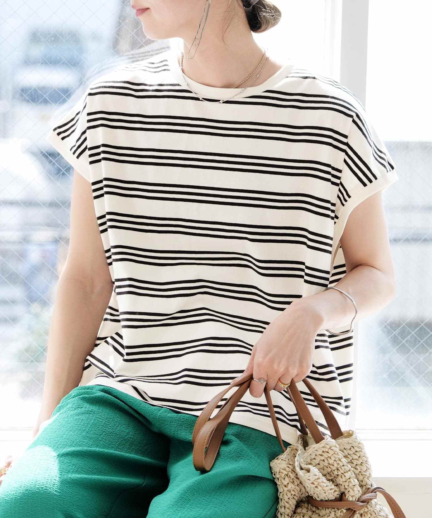 レカ reca フレンチスリーブブボーダーカットソー(bel-bs-264) (セピアグレー×アイボリー) セピアグレー×アイボリー