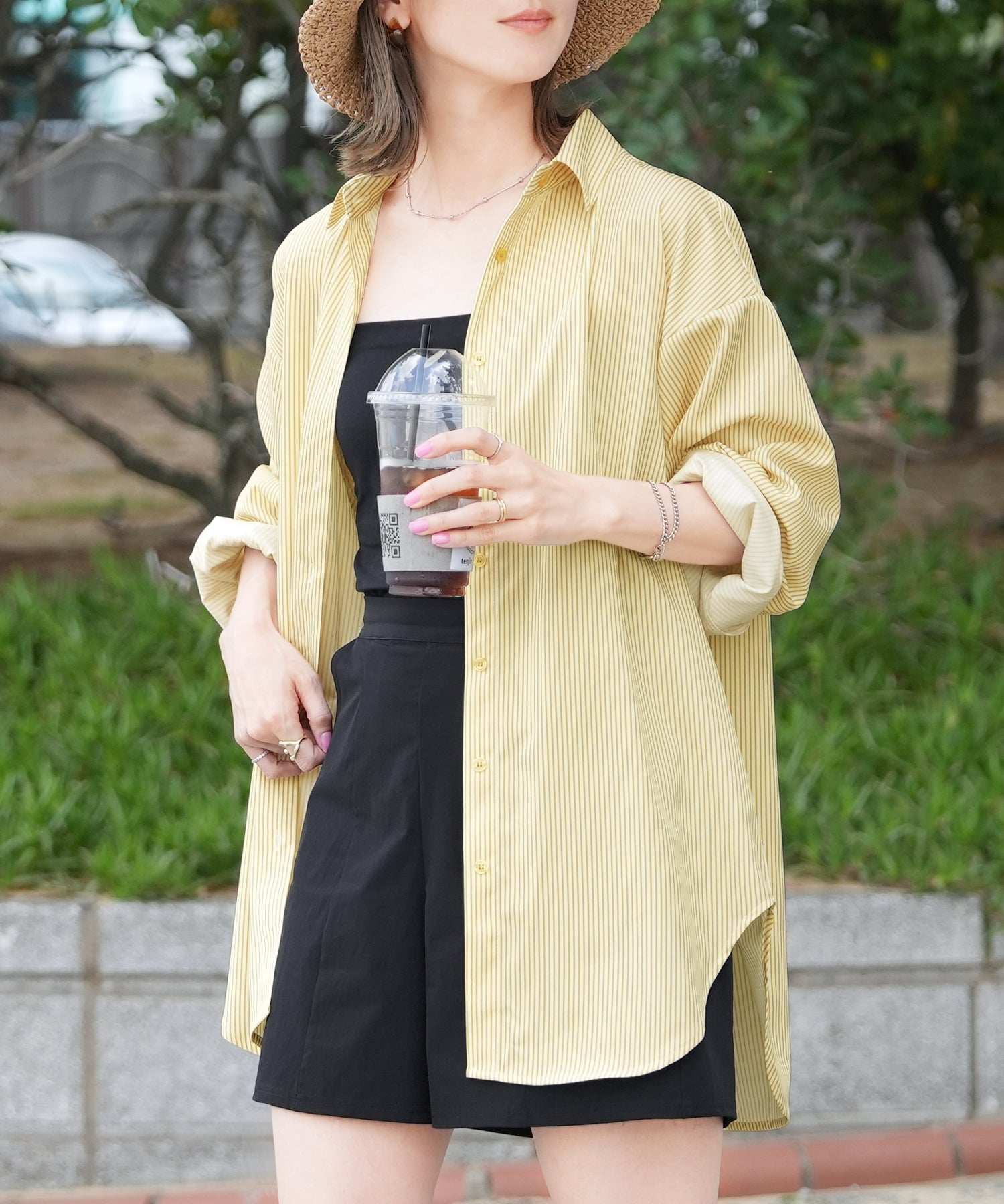 レカ reca 無地/ストライプ ラッシュガードオーバーサイズシャツ(y4429・y4430) (ストライプイエロー) ストライプイエロー