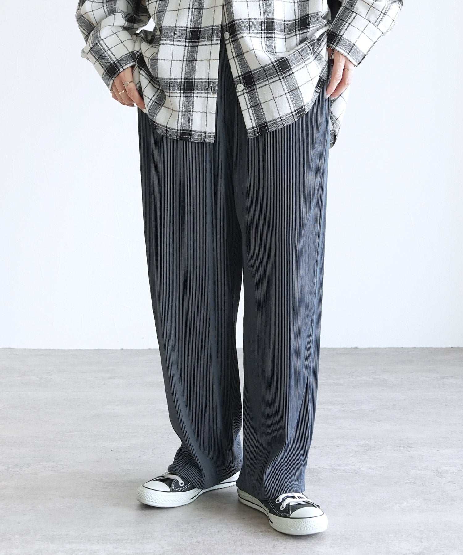 レカ reca ストライププリーツパンツ(y1132) (チャコール) チャコール