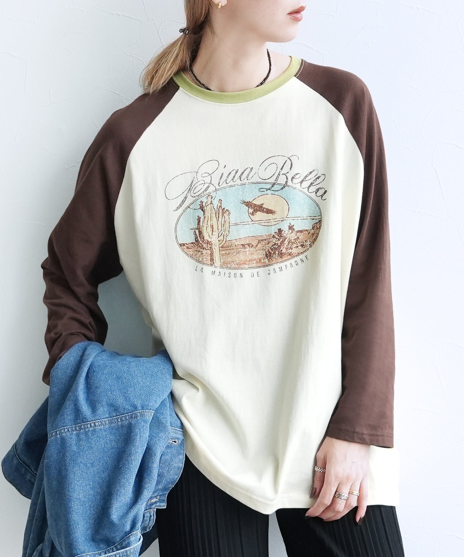 レカ reca 配色ネックラグランスリーブロゴTシャツ(250909) (グレー) グレー