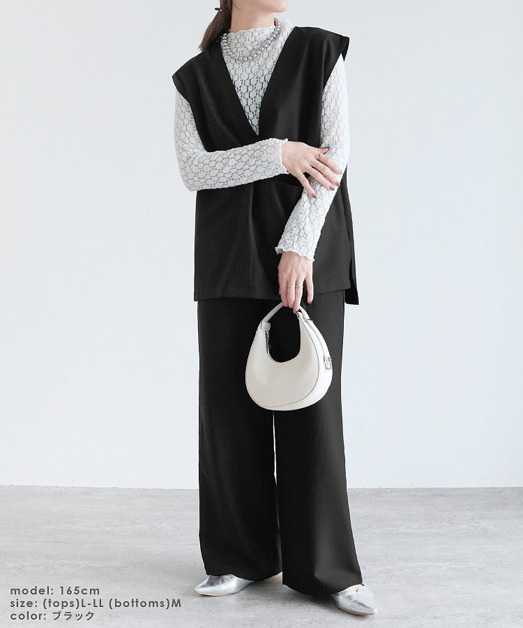 【2点セット】『自宅で洗える』Vネックベスト×セミワイドストレートパンツ(ブラック)/ bel-hr-0617-set3 ブラック