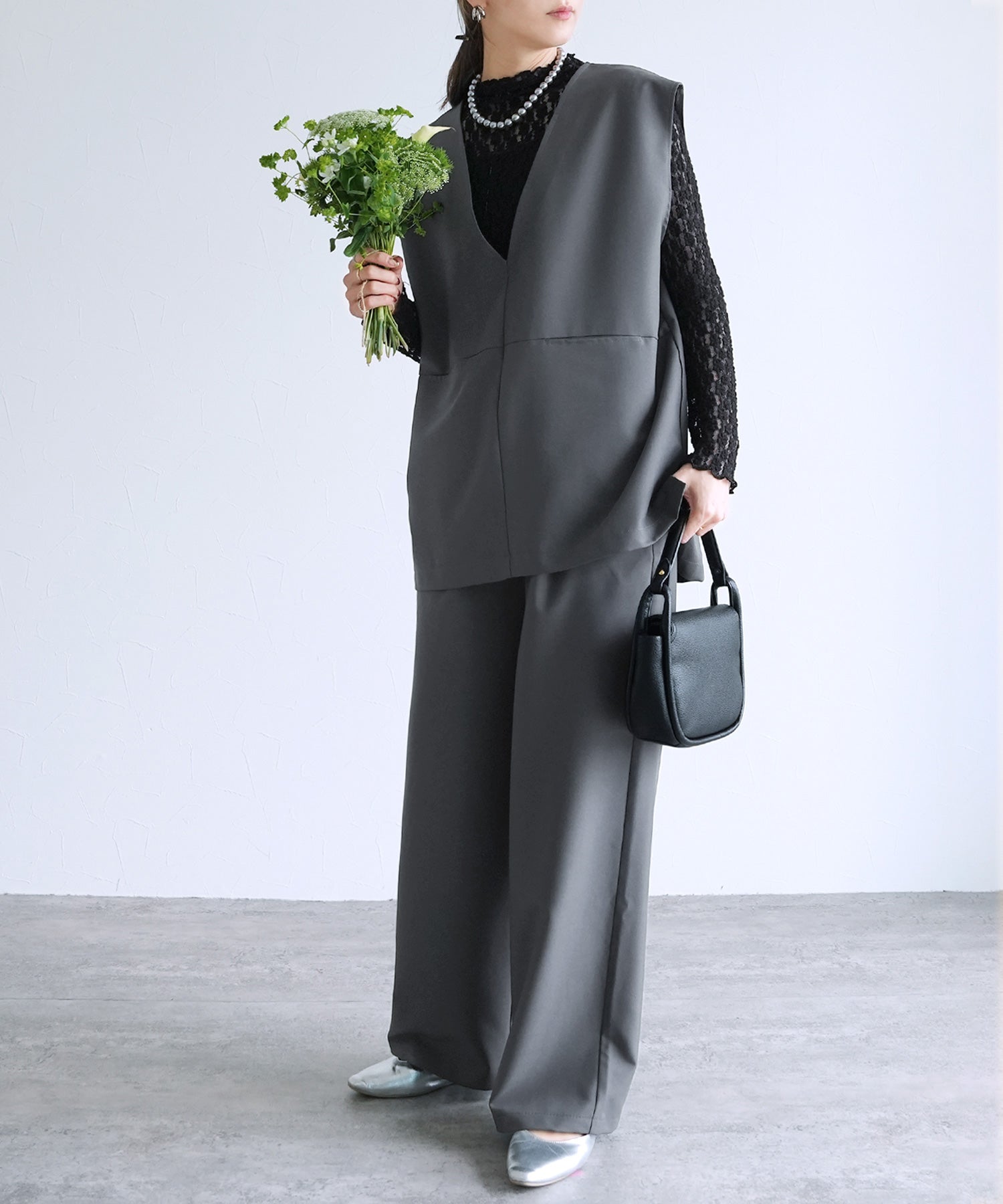 【2点セット】『自宅で洗える』Vネックベスト×セミワイドストレートパンツ(カーボングレー)/ bel-hr-0617-set3 カーボングレー