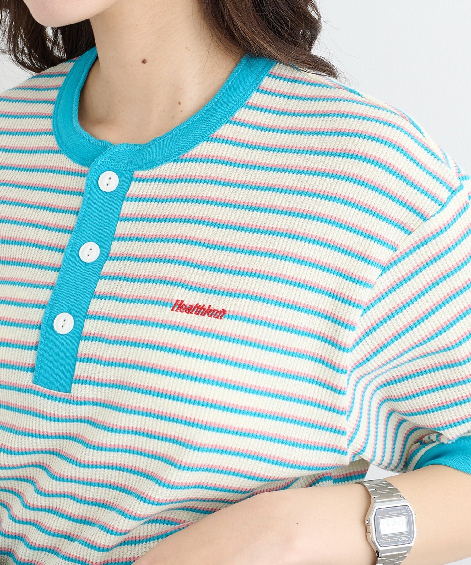 ヘルスニット Healthknit Multi Border Waffle Henleyneck S/S 679S (アイボリー系1) アイボリー系1